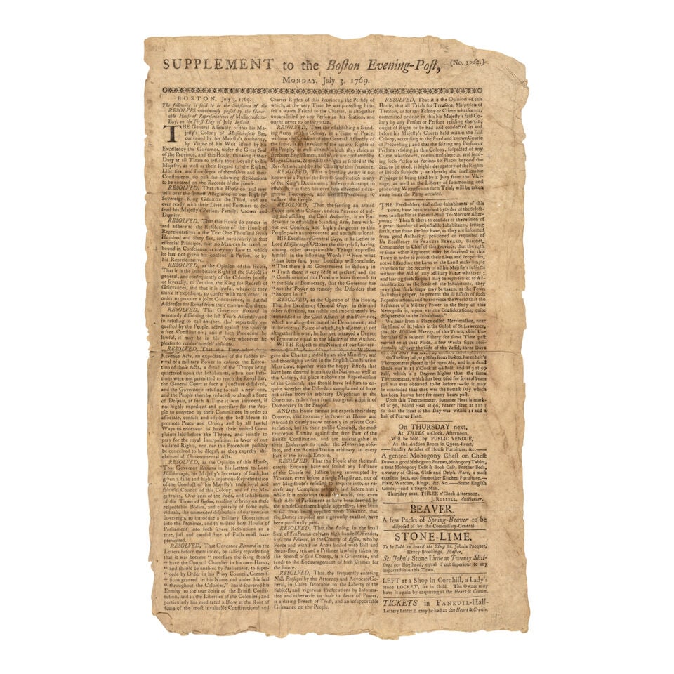 Colonial Resistance to British Authority. Supplement to the Boston Evening-Post. Boston: July,... - 3