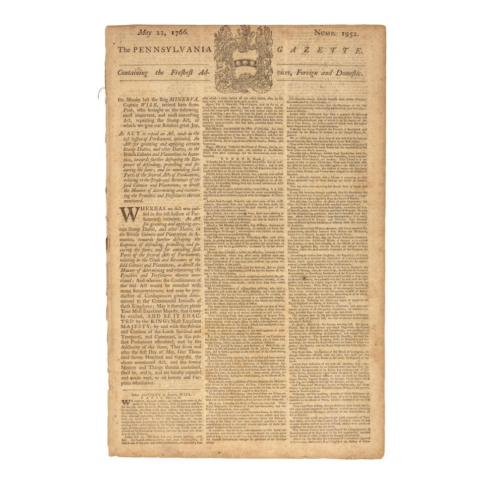 One of the Earliest American Reports of the Repeal of the Stamp Act. The Pennsylvania Gazette. ... (1 of 6)