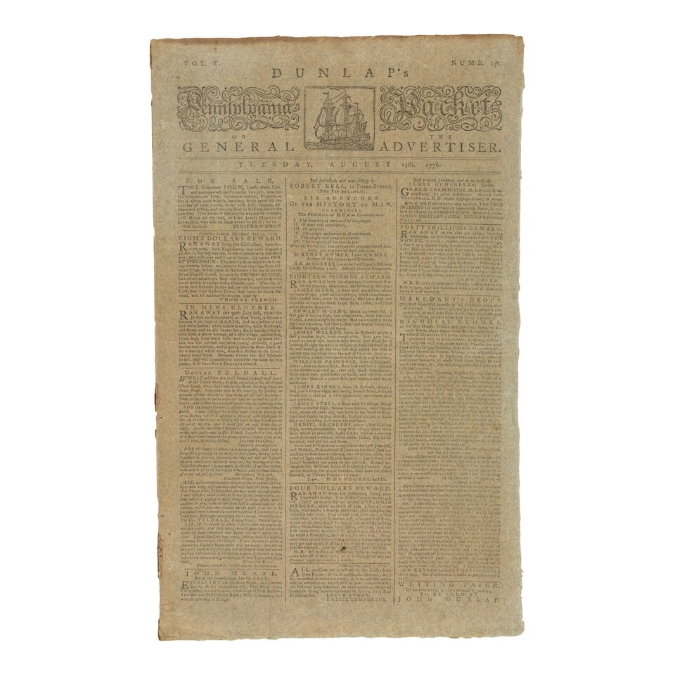 Preparing for the Battle of Long Island. Dunlap's Pennsylvania Packet. Or The General Advertise...: Preparing for the Battle of Long Island. Dunlap's Pennsylvania Packet. Or The General Advertiser. Philadelphia: John Dunlap, August 13, 1776. Numb. 251. Bifolium (425 x 255 mm). 4 pp. Approx. 95 mm