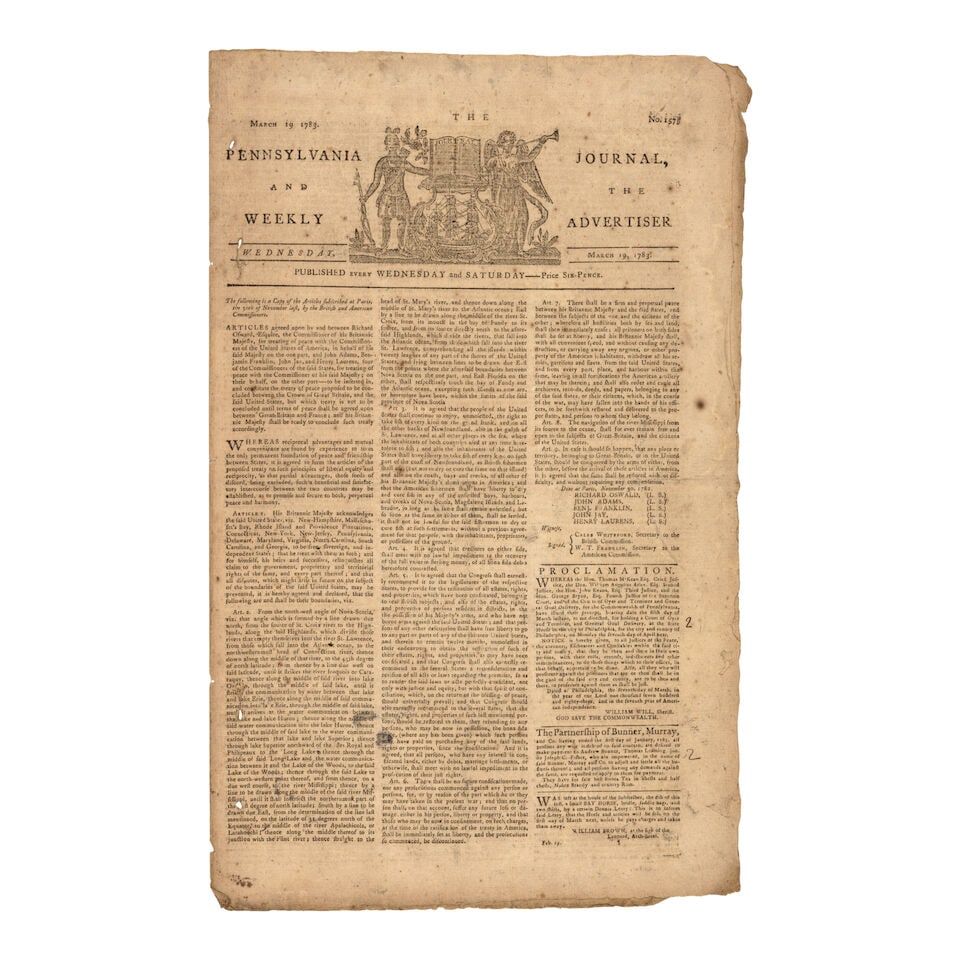 American Victory -- Treaty of Paris. The Pennsylvania Journal, and the Weekly Advertiser. Phila... (1 of 3)
