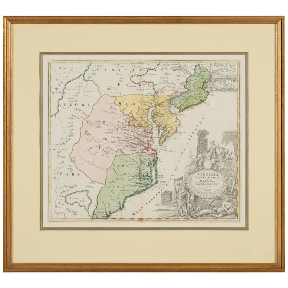 Colonial Map of Virginia, Maryland, and Carolina. HOMANN, JOHANN BAPTIST. 1663-1724. Virginia,... - 2