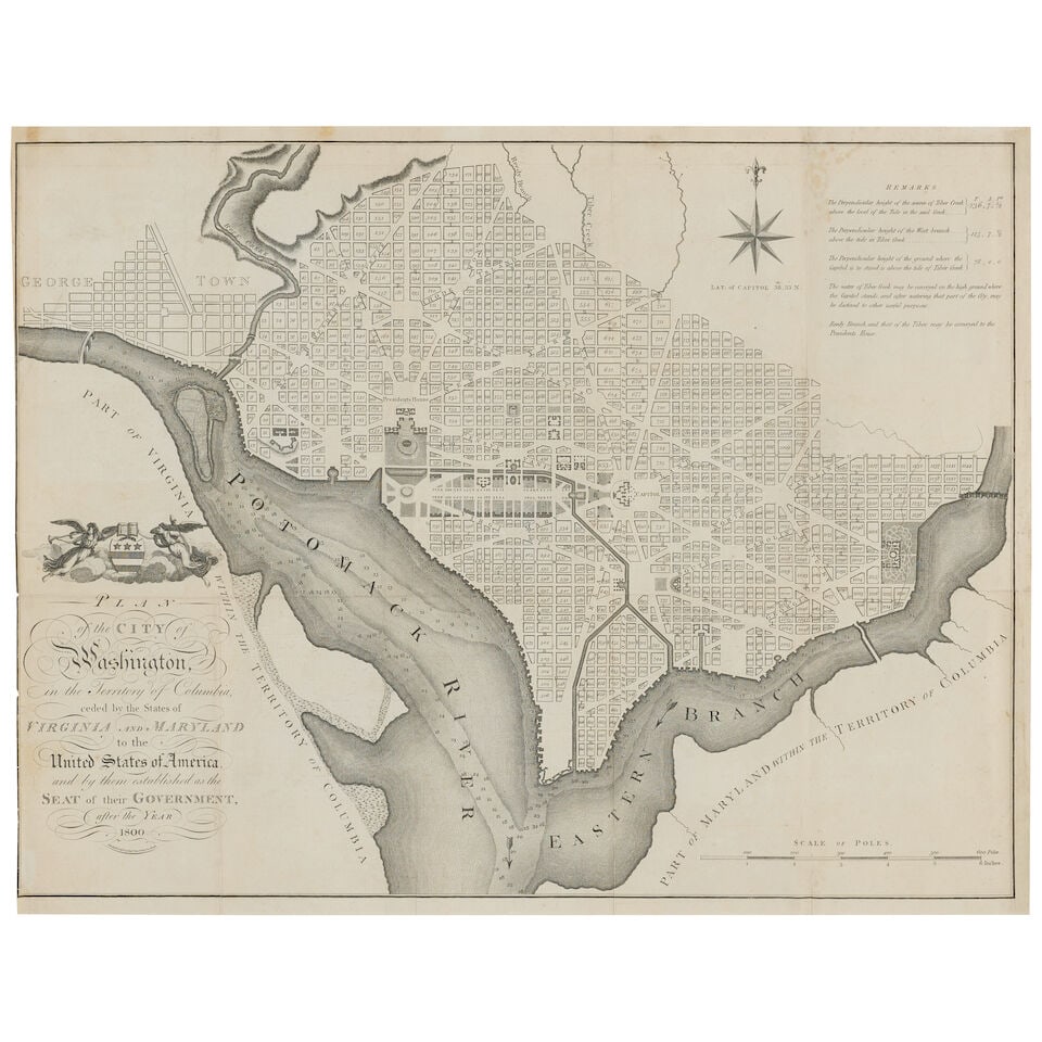 An Early Large-Format Plan of the City of Washington. RUSSELL, JOHN. C.1750-1829. Plan of the ...: An Early Large-Format Plan of the City of Washington. RUSSELL, JOHN. C.1750-1829. Plan of the City of Washington in the Territory of Columbia, ceded by the states of Virginia and Maryland to the Unite