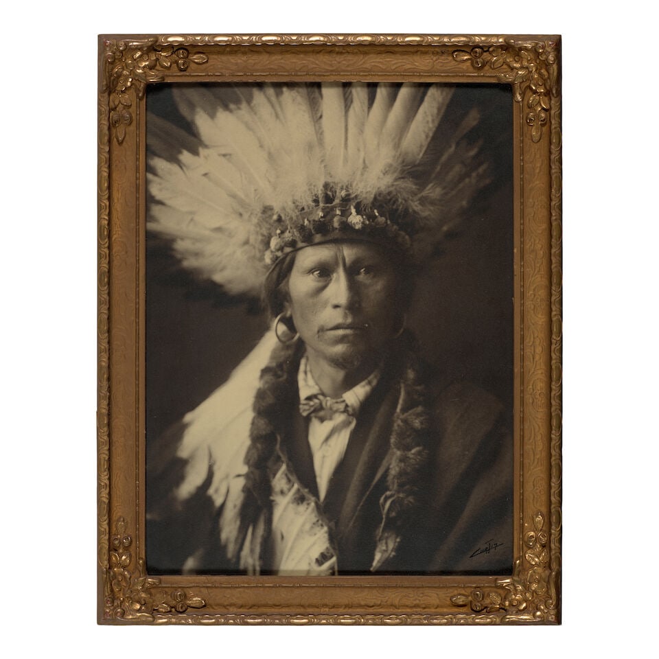 Edward Curtis Gelatin Silver Print Signed. CURTIS, EDWARD S. 1868-1952. Chief Garfield, Jicari...: Edward Curtis Gelatin Silver Print Signed. CURTIS, EDWARD S. 1868-1952. Chief Garfield, Jicarilla, c.1904. Gelatin silver print, probably printed before 1920; SIGNED BY CURTIS on the image lower