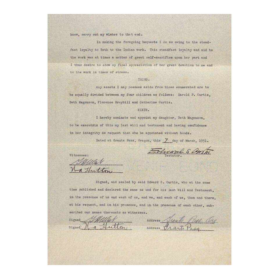 Edward Curtis's Last Will and Testament. [CURTIS, EDWARD S. 1868-1952]. Typescript, SIGNED BY ... (1 of 3)