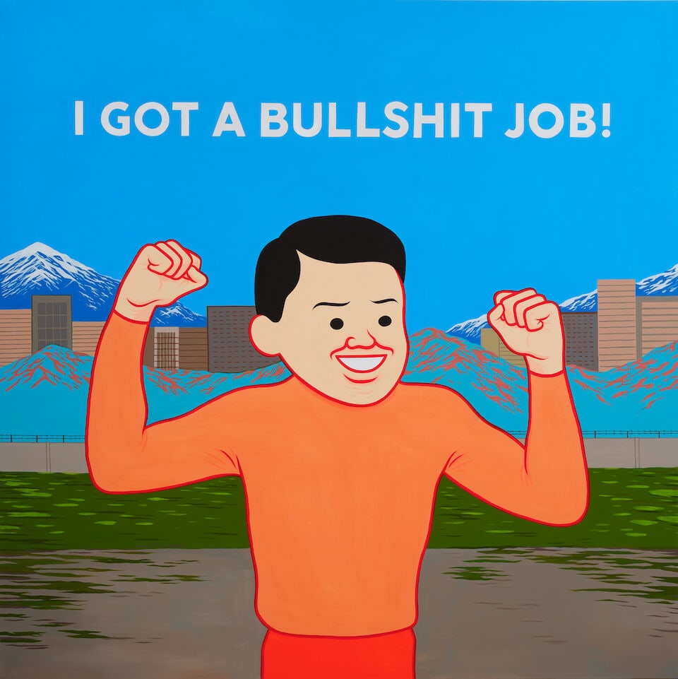 JOAN CORNELLÀ (B.1981) Bullshit Job: JOAN CORNELLÀ (B.1981) Bullshit Job 2021 signed and dated 2021 on the overlap acrylic on canvas 180 x 180 cm (70 7/8 x 70 7/8 in). Footnotes: Provenance AllRightsReserved, Hong Kong Acquired from