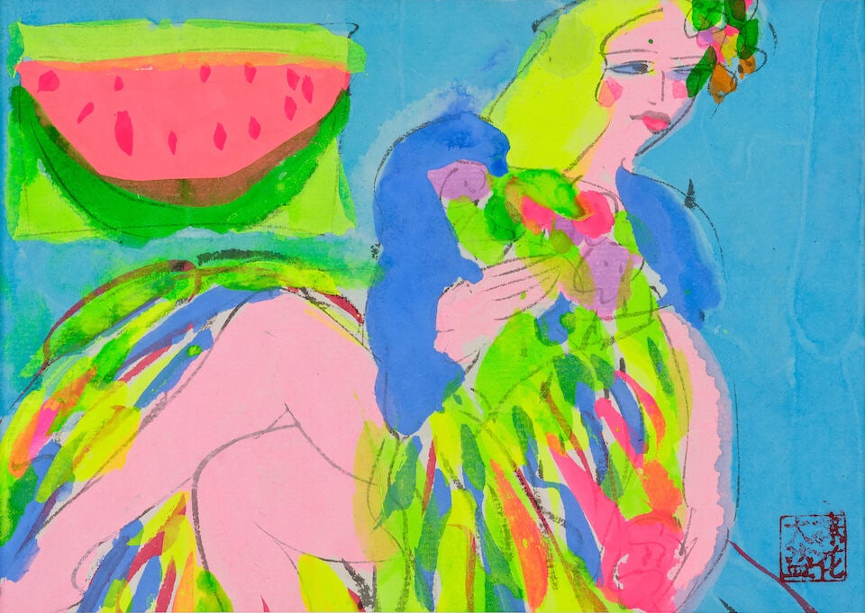 WALASSE TING (1929-2010) Lady with Watermelons: WALASSE TING (1929-2010) Lady with Watermelons acrylic on paper one seal of the artist on the lower right 14.5 x 20 cm (6 x 8 in). Footnotes: Provenance Sale: Sotheby's, Hong Kong, Modern and Contempo