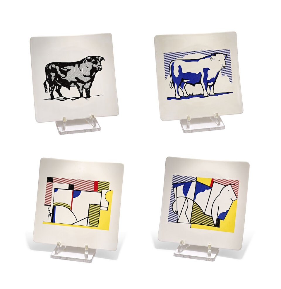 ROY LICHTENSTEIN (1923-1997) Group of four ceramic plates: After Bull Profile Series: ROY LICHTENSTEIN (1923-1997) Group of four ceramic plates: After Bull Profile Series 1989 each signed, titled and numbered 3/50 or 5/50 in black ink on the underside four screenprints on glazed porcel