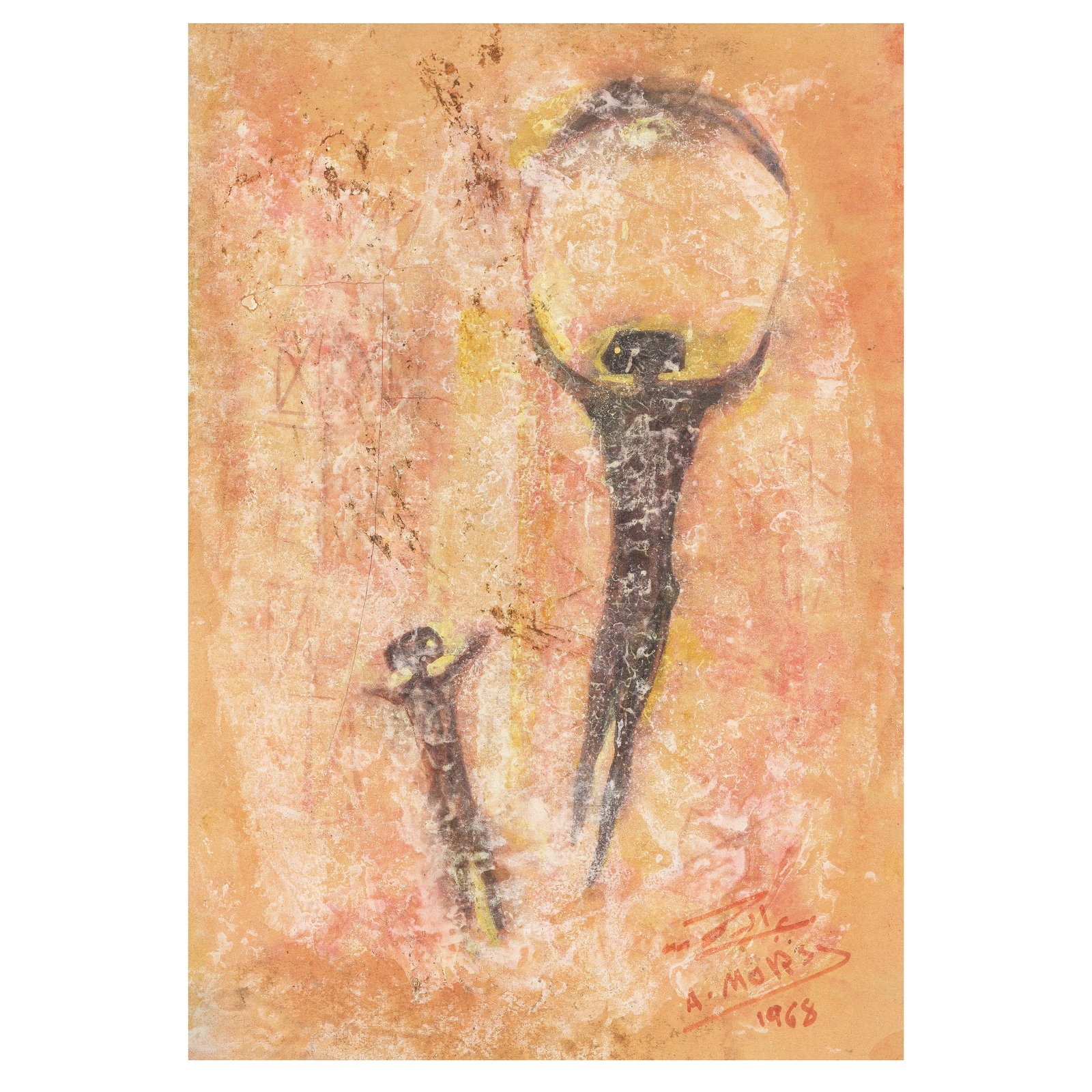 Abdel Wahab Morsi (Egypt, 1931-2021) Man and Child: Abdel Wahab Morsi (Egypt, 1931-2021) Man and Child mixed media on paper, framed signed 'A. Morsi' and dated '1968' (lower right), executed in 1968 47 x 33cm (18 1/2 x 13in). Footnotes: Pr