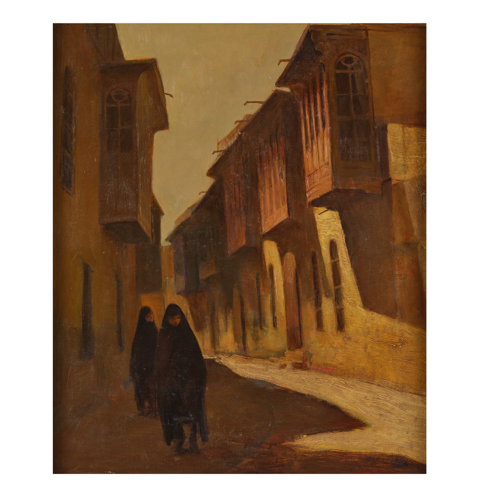 Faeq Hassan (Iraq, 1914-1992) Street with Women: Faeq Hassan (Iraq, 1914-1992) Street with Women oil on canvas, framed signed 'Faik' and dated '1968' in Arabic (lower right), further signed, dated and inscribed in English on the verso, executed in 1