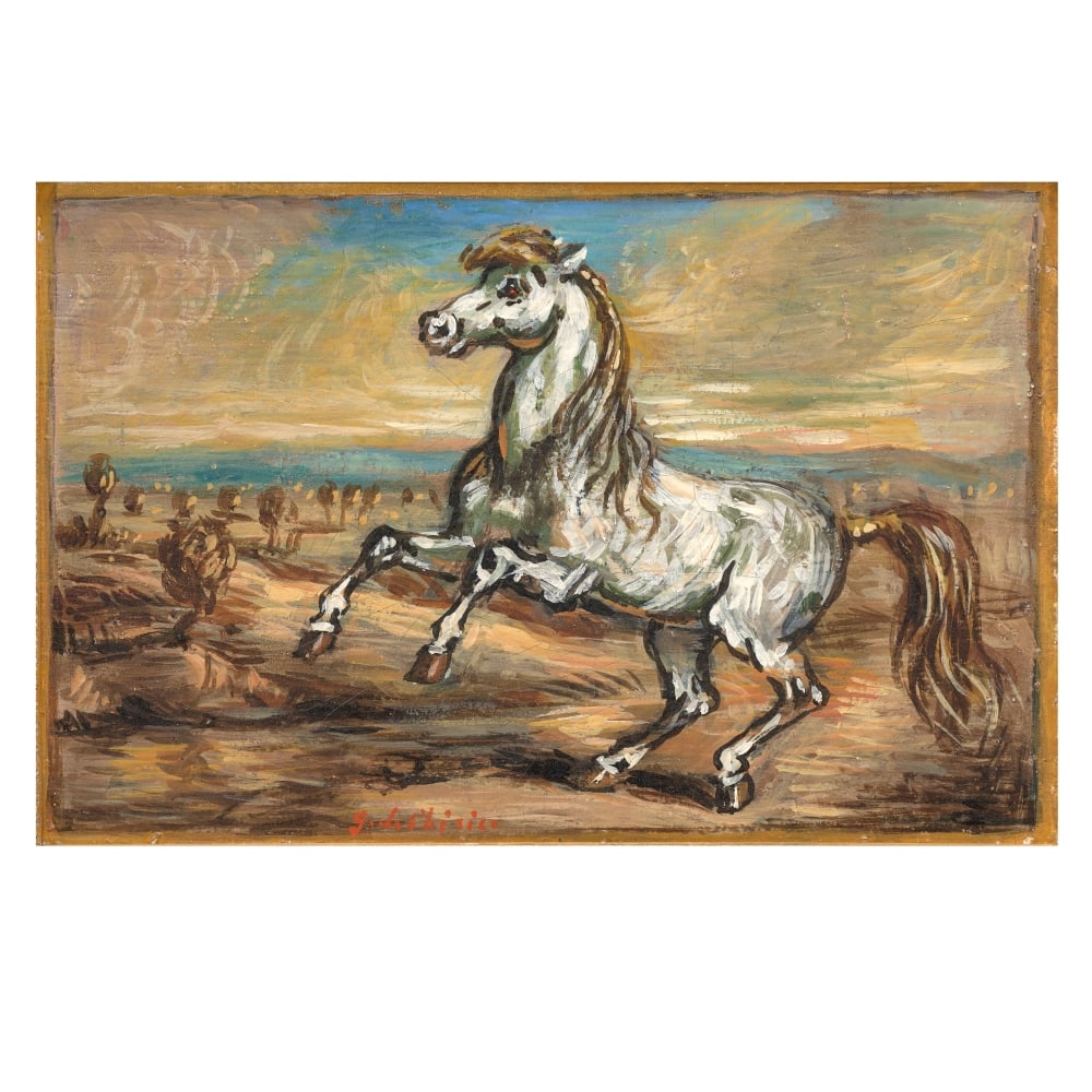 GIORGIO DE CHIRICO (1888-1978) Cavallo in un paese: GIORGIO DE CHIRICO (1888-1978) Cavallo in un paese signé 'G. de Chirico' (en bas au centre) huile sur papier marouflé sur toile peint vers 1955 signed 'G. de Chirico' (lower centre) oil on p