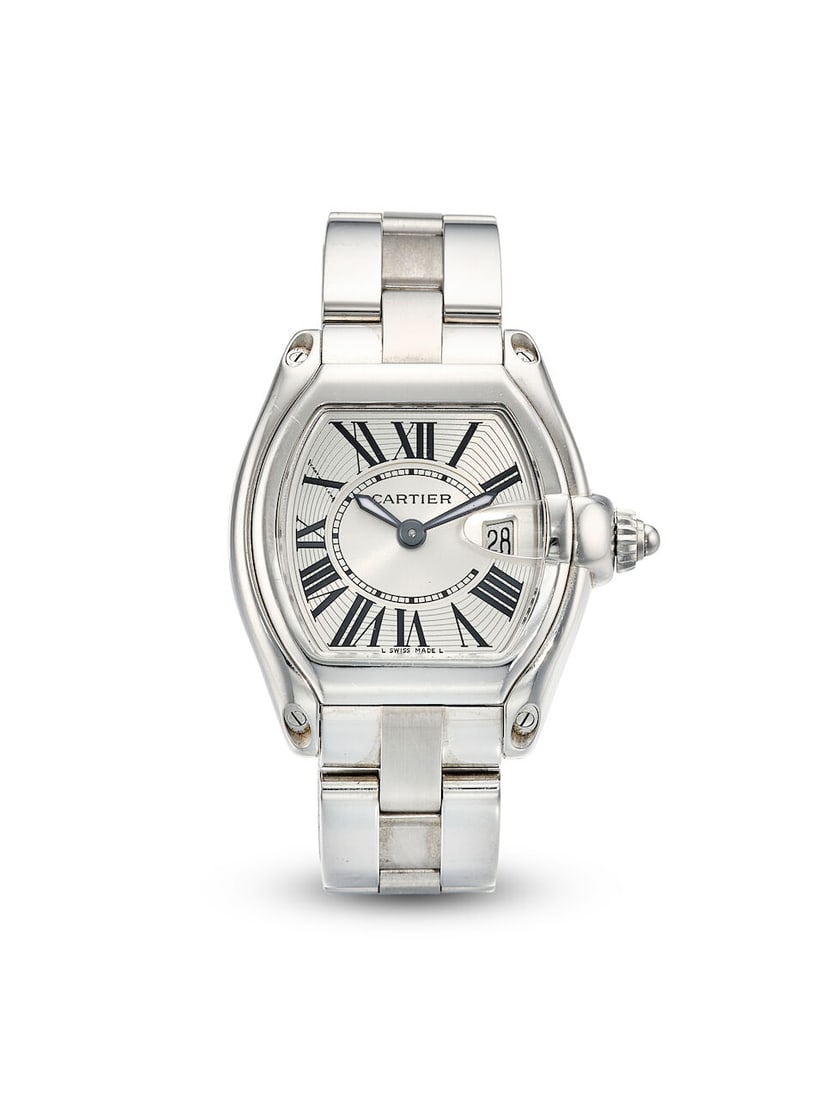 [NO RESERVE] CARTIER | ROADSTER, REF.2675, A STAINLESS STEEL BRACELET WATCH WITH DATE, CIRCA 2000: [NO RESERVE] CARTIER | ROADSTER, REF.2675, A STAINLESS STEEL BRACELET WATCH WITH DATE, CIRCA 2000 Case No: 554807CE Calibre: 688, quartz, signed Dial: Silvered, signed Case: 31 x 37mm, stainless steel
