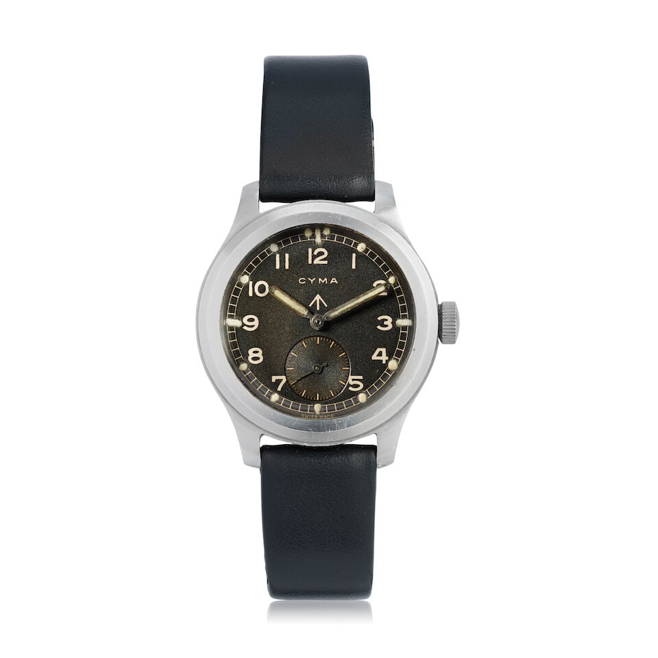 Cyma. A stainless steel manual wind Military issue wristwatch 'Dirty Dozen', Circa 1945: Cyma. A stainless steel manual wind Military issue wristwatch Model: 'Dirty Dozen' Date: Circa 1945 Movement: 15-jewel Cal.234 manual wind, No.385542 Dial: Black, broad arrow Case: Brushed and