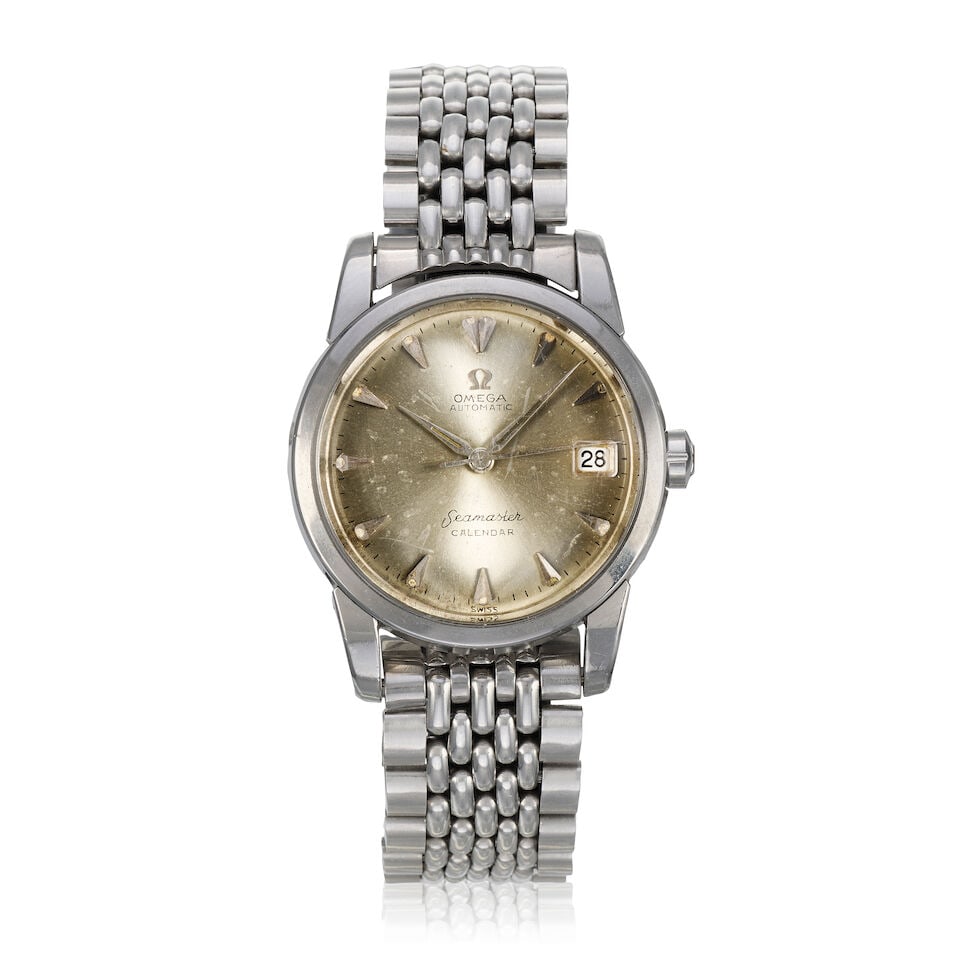 Omega. A stainless steel automatic calendar bracelet watch Seamaster Calendar, Ref: 2849-3 SC, ...: Omega. A stainless steel automatic calendar bracelet watch Model: Seamaster Calendar Reference: 2849-3 SC Date: Circa 1955 Movement: 20-jewel Cal.503 automatic, No.15227990 Dial: Sunburst