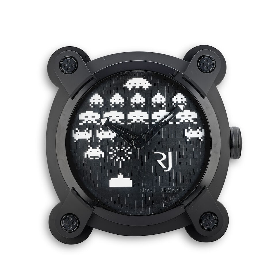 Romain Jerome. A plastic and stainless steel quartz wall clock Space Invaders, Ref: X.POS.029, ...: Romain Jerome. A plastic and stainless steel quartz wall clock Model: Space Invaders Reference: X.POS.029 Date: Circa 2010 Movement: Quartz, battery-operated Dial: Multi-level black dial decorated