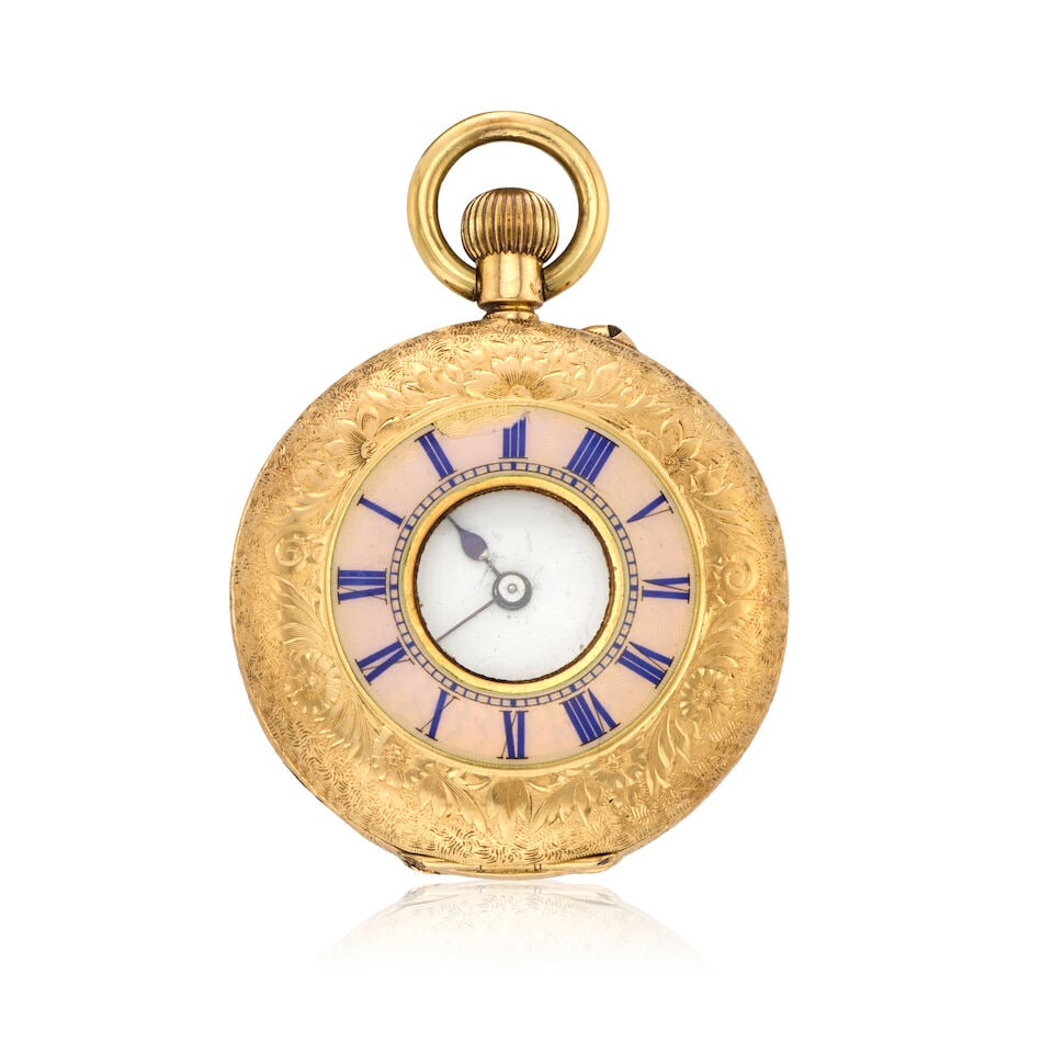 An 18K gold and enamel keyless wind half hunter pocket watch Circa 1900 - 3