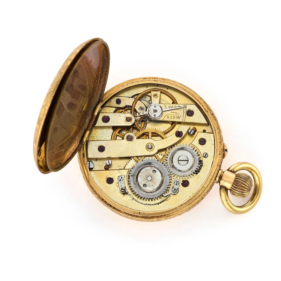 An 18K gold and enamel keyless wind half hunter pocket watch Circa 1900 - 4