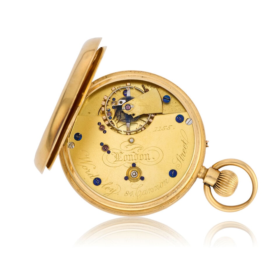 Wordley, 84 Cannon Street, London. An 18K gold keyless wind open face pocket watch London Hallma... - 3