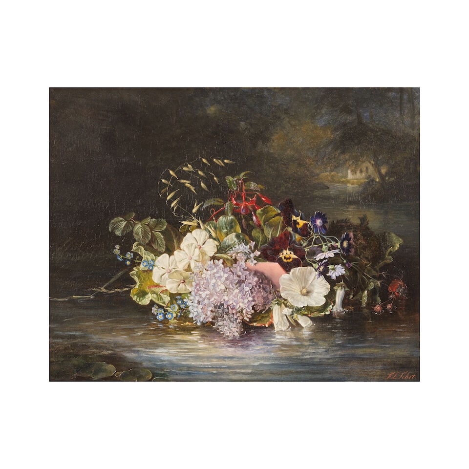 Francina Louise Schot (Rotterdam 1816-1894) Nature morte de fleurs au bord de l'eau: Francina Louise Schot (Rotterdam 1816-1894) Nature morte de fleurs au bord de l'eau signé 'F. L. Schot' (en bas à droite) huile sur panneau signed 'F. L. Schot' (lower right) oil on panel 33