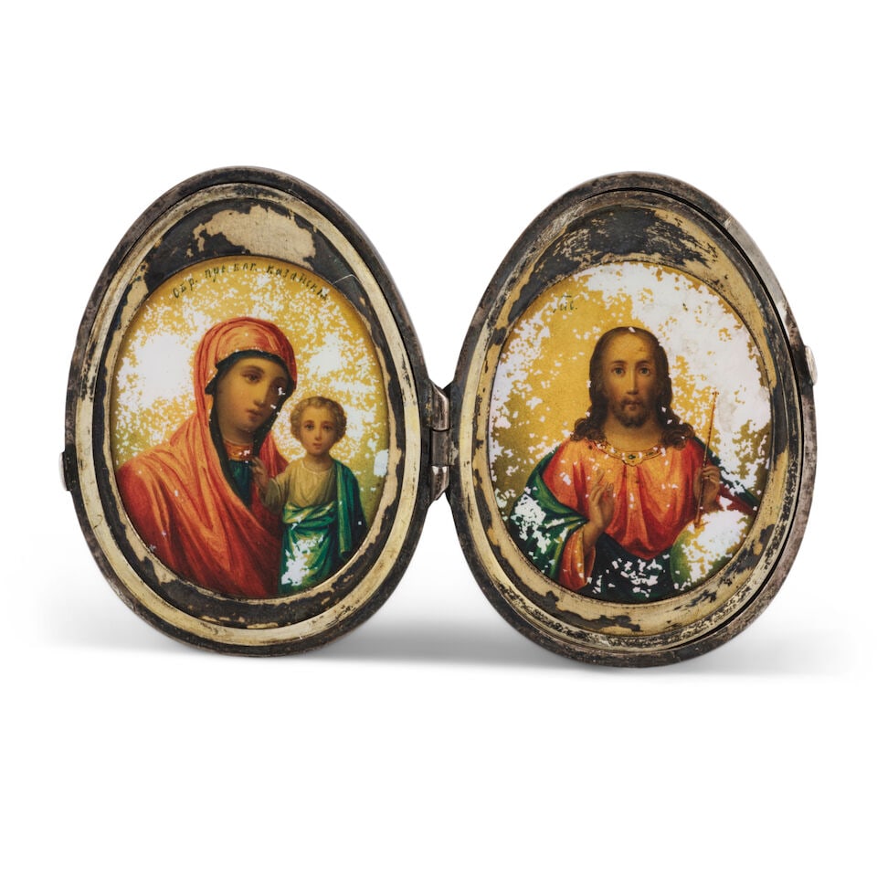 Icône de voyage russe en vermeil en forme d'oeuf de PâquesRussian silver-gilt Easter E... - 2