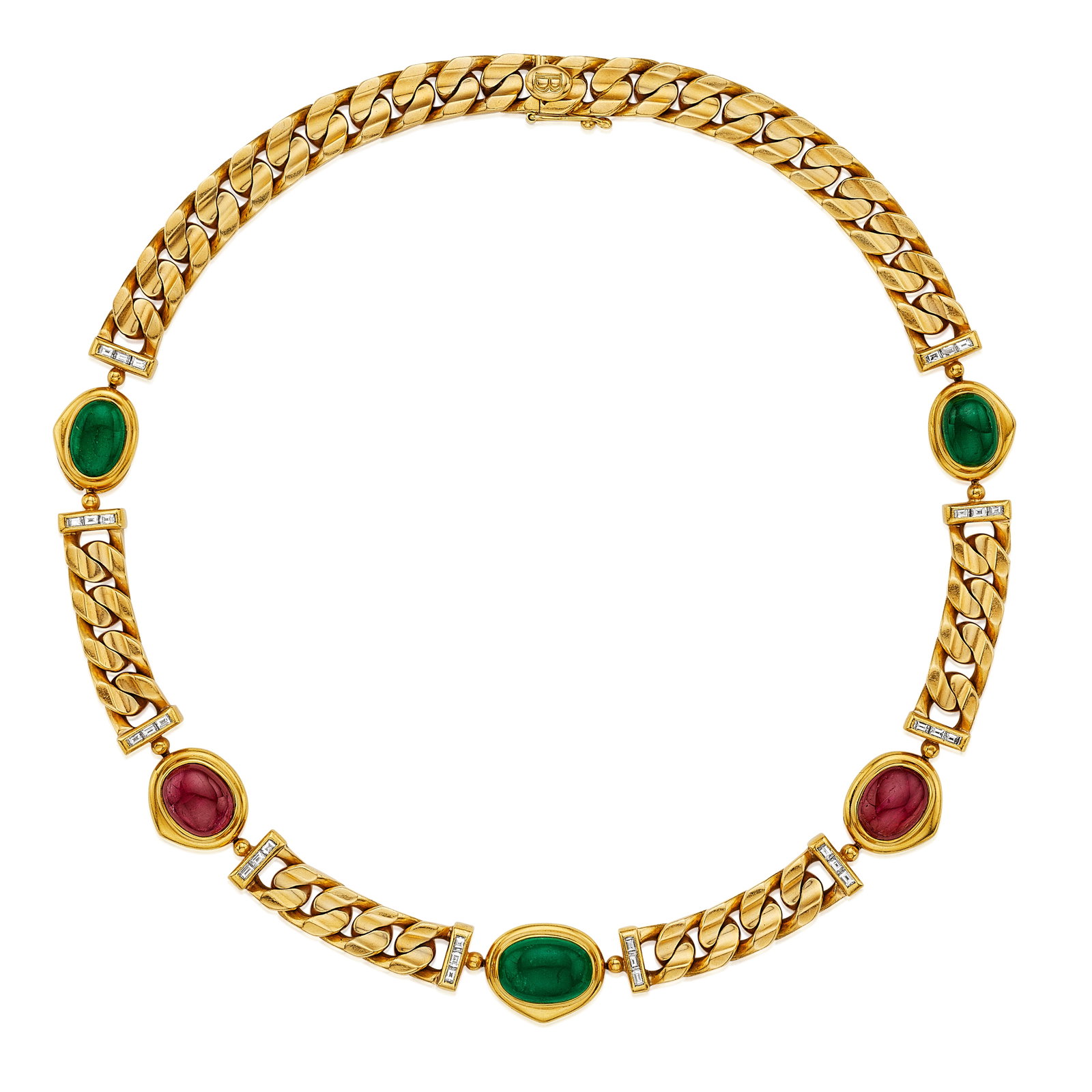 BULGARI: AN EMERALD, RUBY AND DIAMOND NECKLACE, ITALY: BULGARI: AN EMERALD, RUBY AND DIAMOND NECKLACE, ITALY Centering alternating oval-shaped cabochon emeralds and rubies, to a curb-link necklace with baguette-cut diamond accents; signed BULGARI; with