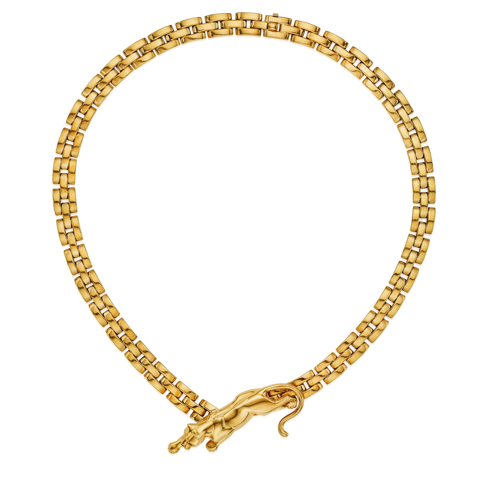 CARTIER: AN 18K GOLD 'PANTHÈRE DE CARTIER' NECKLACE: CARTIER: AN 18K GOLD 'PANTHÈRE DE CARTIER' NECKLACE Centering a panther with emerald eyes and an onyx nose, to a necklace of repeating geometric links; signed Cartier, no. 626738; with maker's