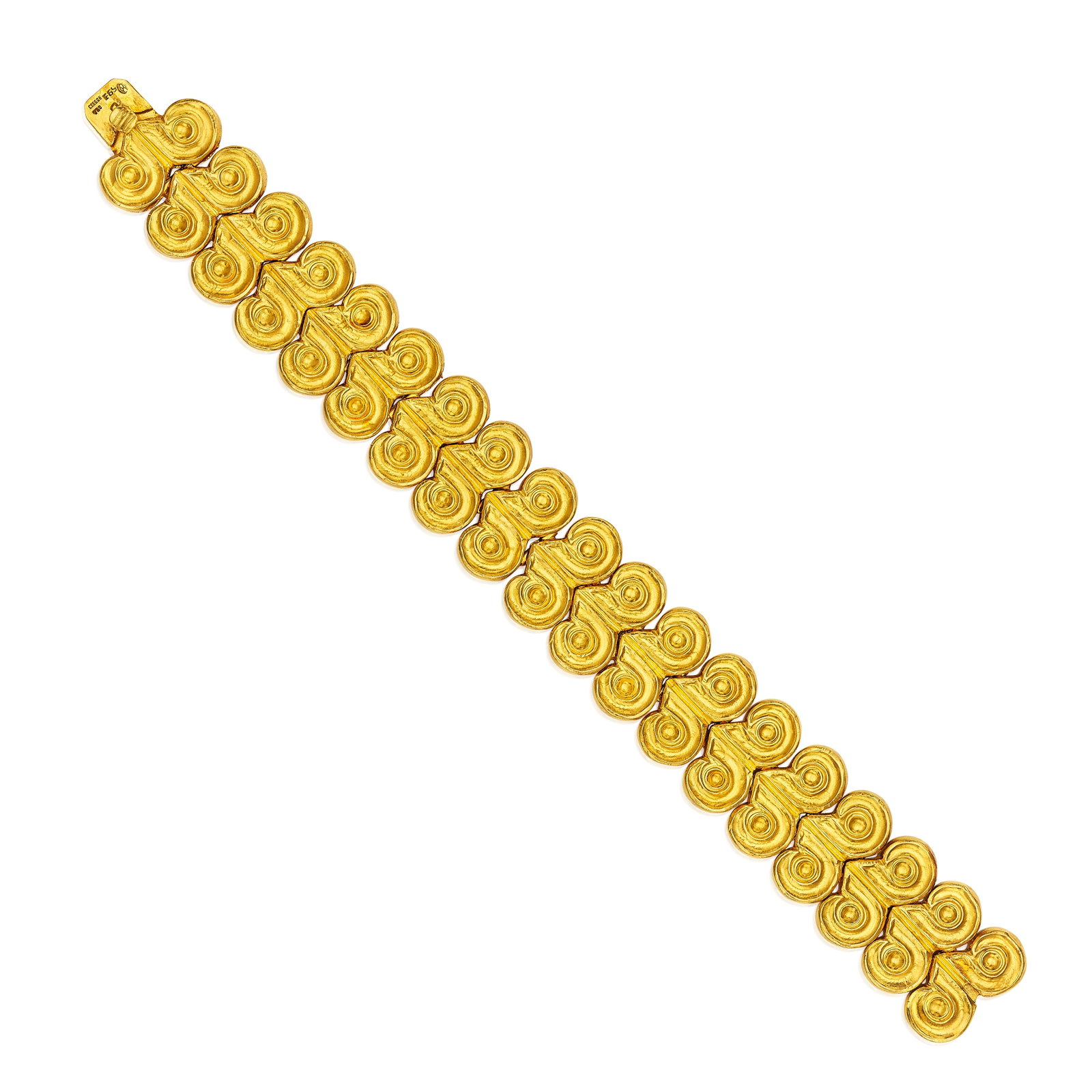 LALAOUNIS: AN 18K GOLD BRACELET: LALAOUNIS: AN 18K GOLD BRACELET Composed of repeating ram's head motif links; stamped maker's mark for Lalaounis; gross approximate weight 56.2 g; length 7¾ in For further information on this