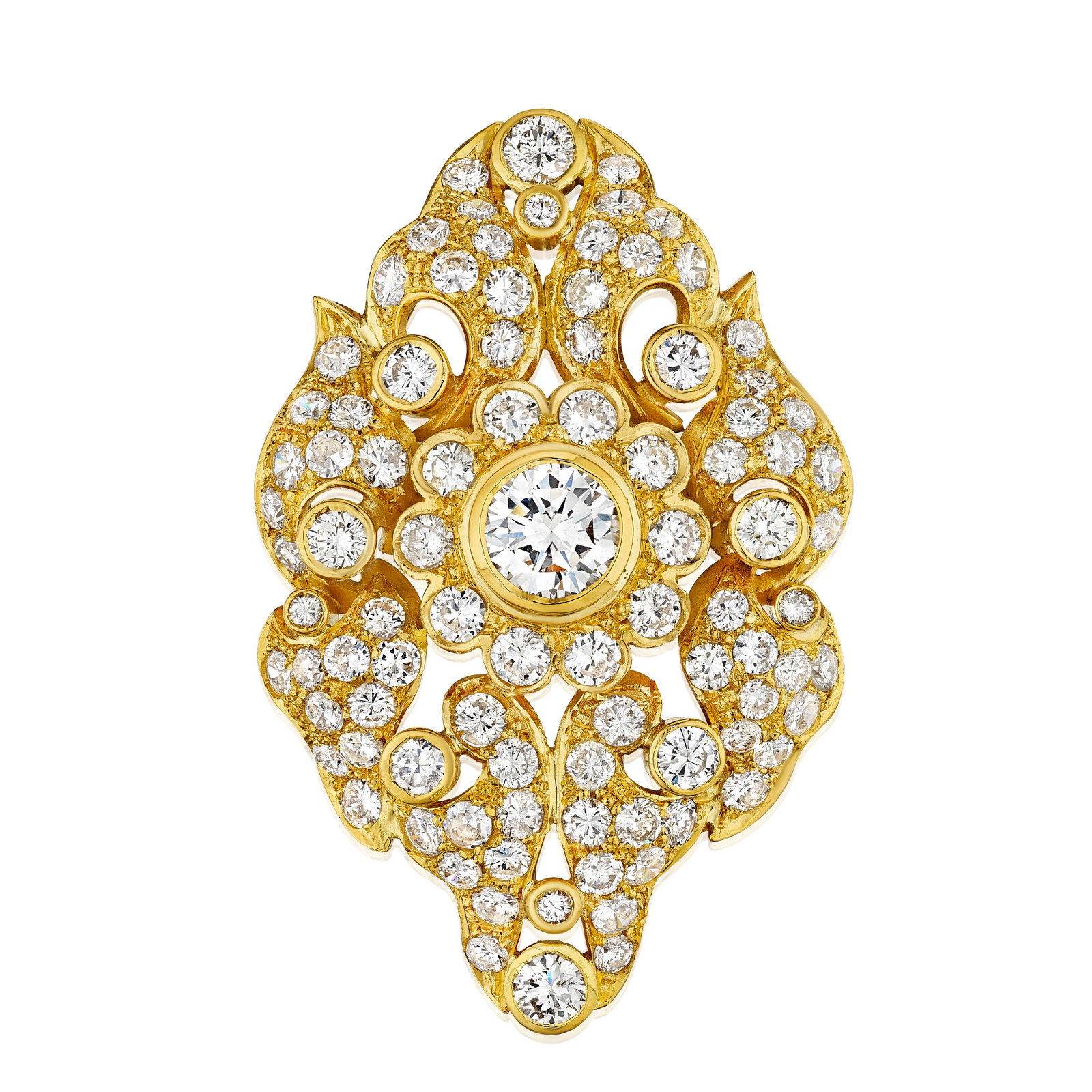 A DIAMOND BROOCH: A DIAMOND BROOCH Centering a round brilliant-cut diamond, weighing 2.23 carats, within a round brilliant-cut diamond-set surround; estimated total remaining diamond weight 10.20 carats; mounted in 18K