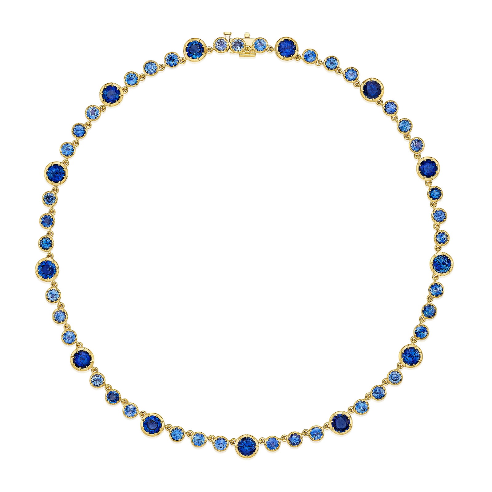 A SAPPHIRE NECKLACE: A SAPPHIRE NECKLACE Composed of collet-set round sapphires of various sizes; estimated total sapphire weight 26.35 carats; mounted in 18K gold; length 16 in For further information on this lot please