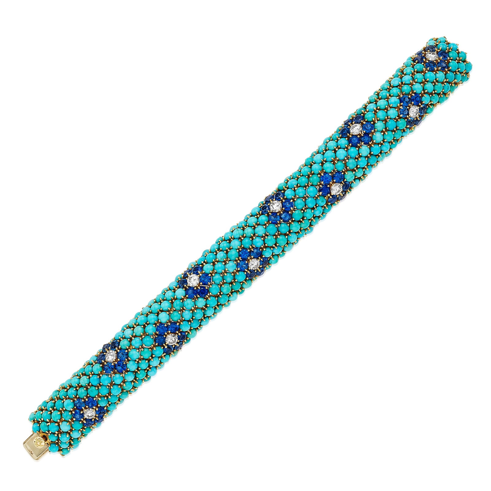 A DIAMOND AND GEM-SET BRACELET: A DIAMOND AND GEM-SET BRACELET Set throughout with round cabochon turquoises, accented by floral motifs of round sapphires and round brilliant-cut diamonds; estimated total sapphire 10.20 carats;