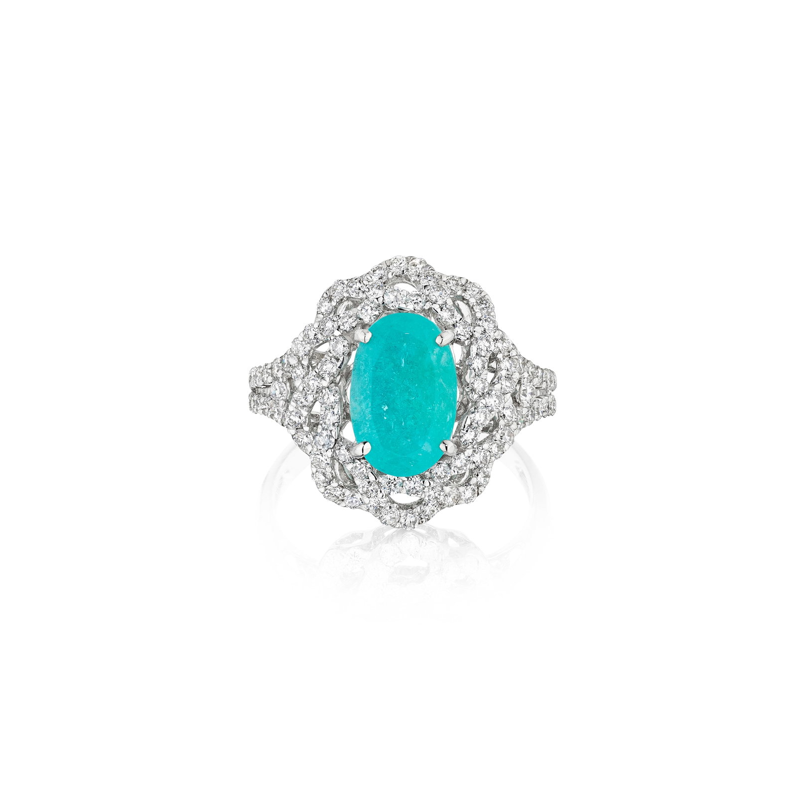 A PARAÍBA TOURMALINE AND DIAMOND RING: A PARAÍBA TOURMALINE AND DIAMOND RING Centering an oval-shaped Paraíba tourmaline, weighing 2.16 carats, within a round brilliant-cut diamond-set surround; with maker's mark; mounted in 18K 