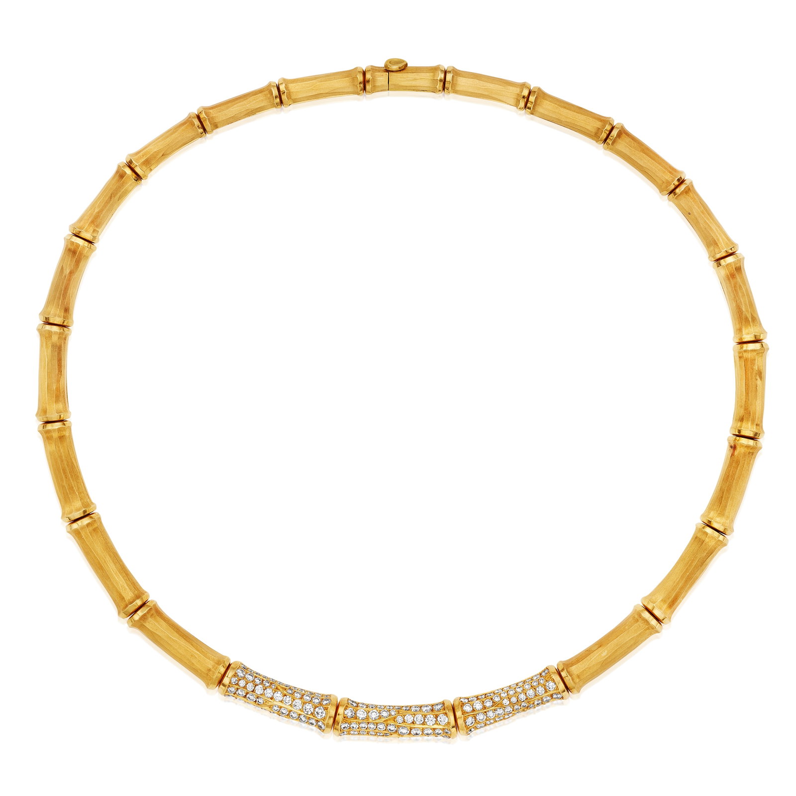 CARTIER: A DIAMOND NECKLACE, FRANCE, CIRCA 1980: CARTIER: A DIAMOND NECKLACE, FRANCE, CIRCA 1980 Designed as a flexible collar with a repeating bamboo motif, accented by round brilliant-cut diamonds in the front; signed Cartier, no. 712985; with