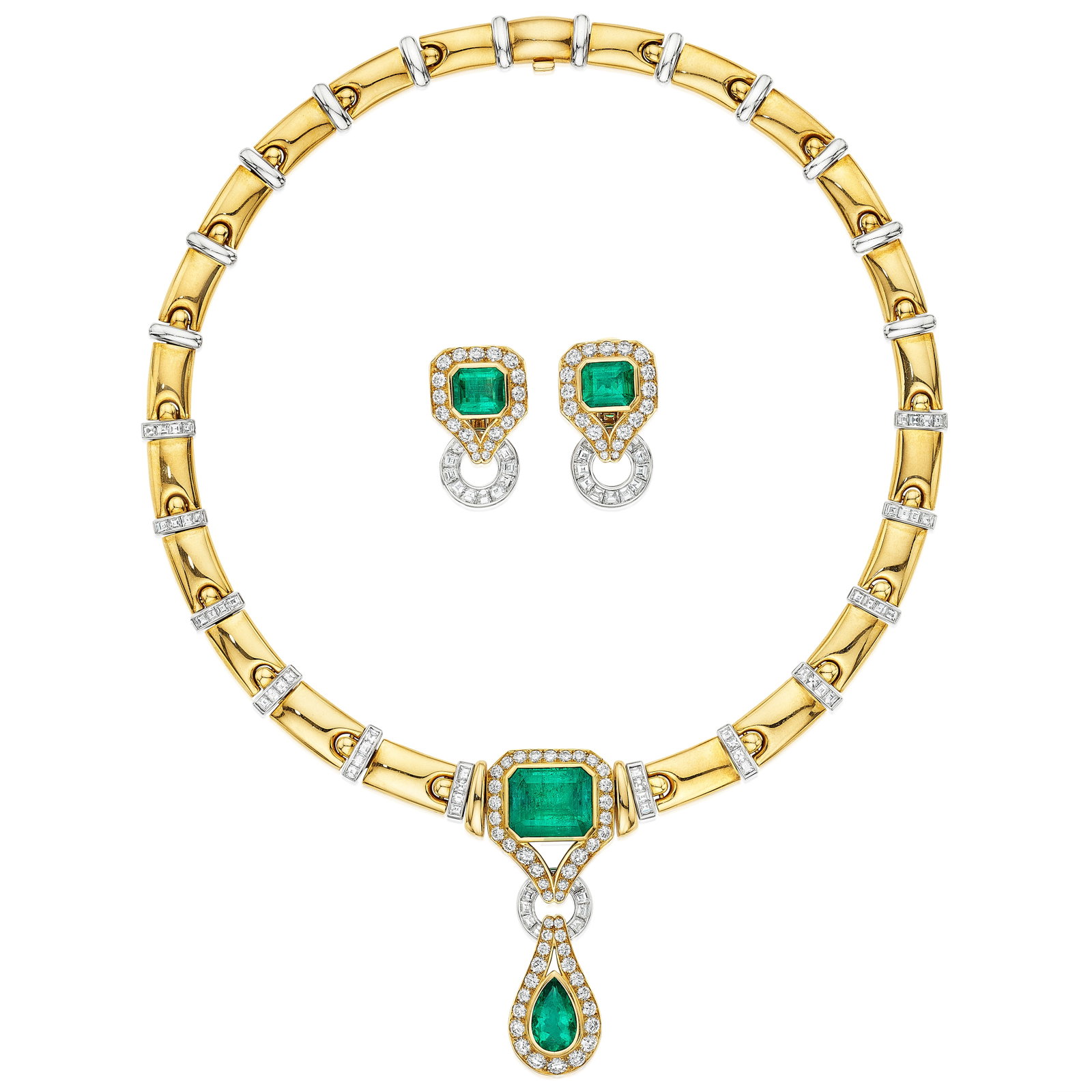 AN EMERALD AND DIAMOND NECKLACE AND EACLIP SET: AN EMERALD AND DIAMOND NECKLACE AND EACLIP SET The necklace centering a pear-shaped emerald suspended from an emerald-cut emerald by a tapered baguette-cut diamond-set hoop, accented by round