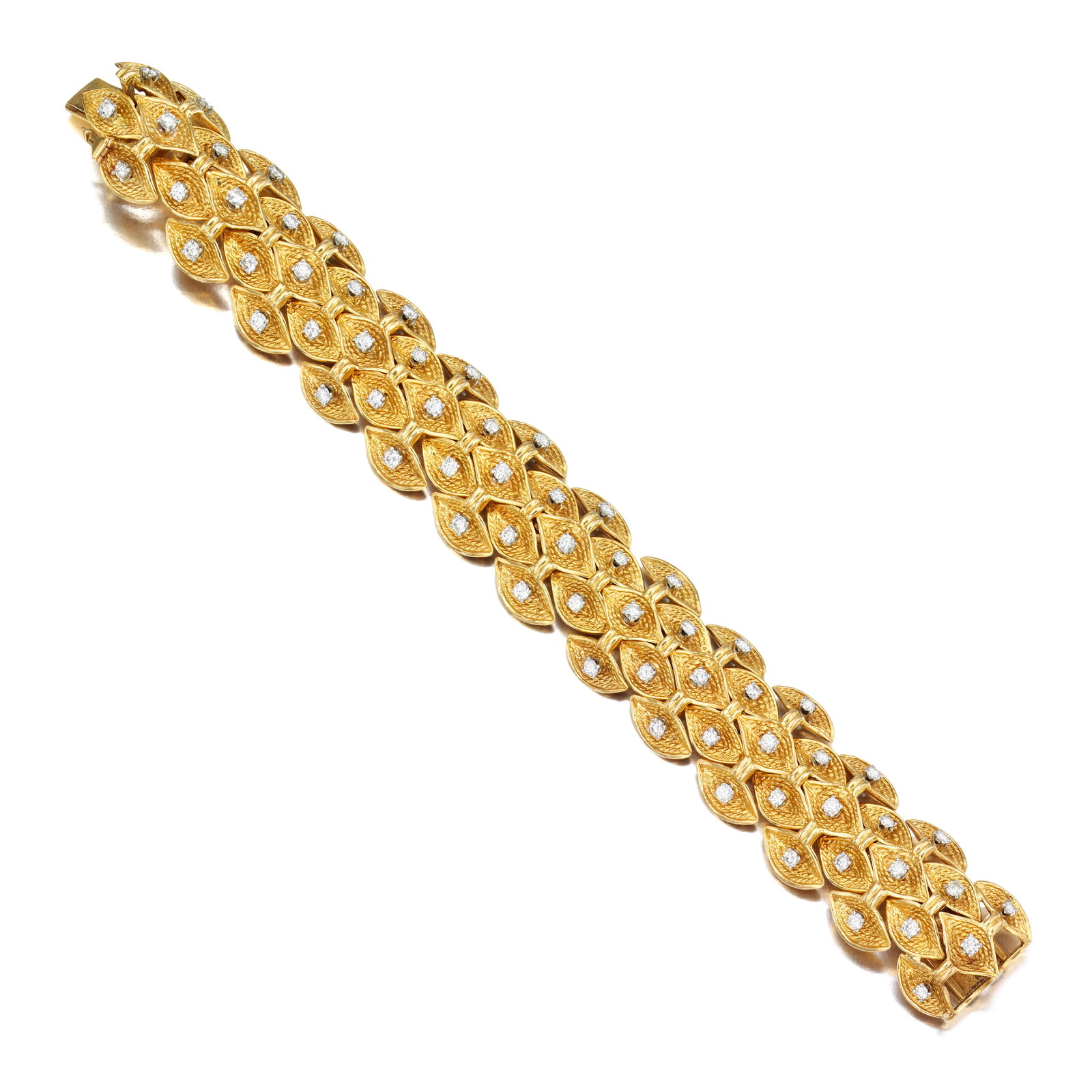 A DIAMOND BRACELET: A DIAMOND BRACELET Composed of five rows of marquise-shaped motifs of textured gold, accented by round brilliant-cut diamonds; estimated total diamond weight 3.40 carats; mounted in 18K gold; length