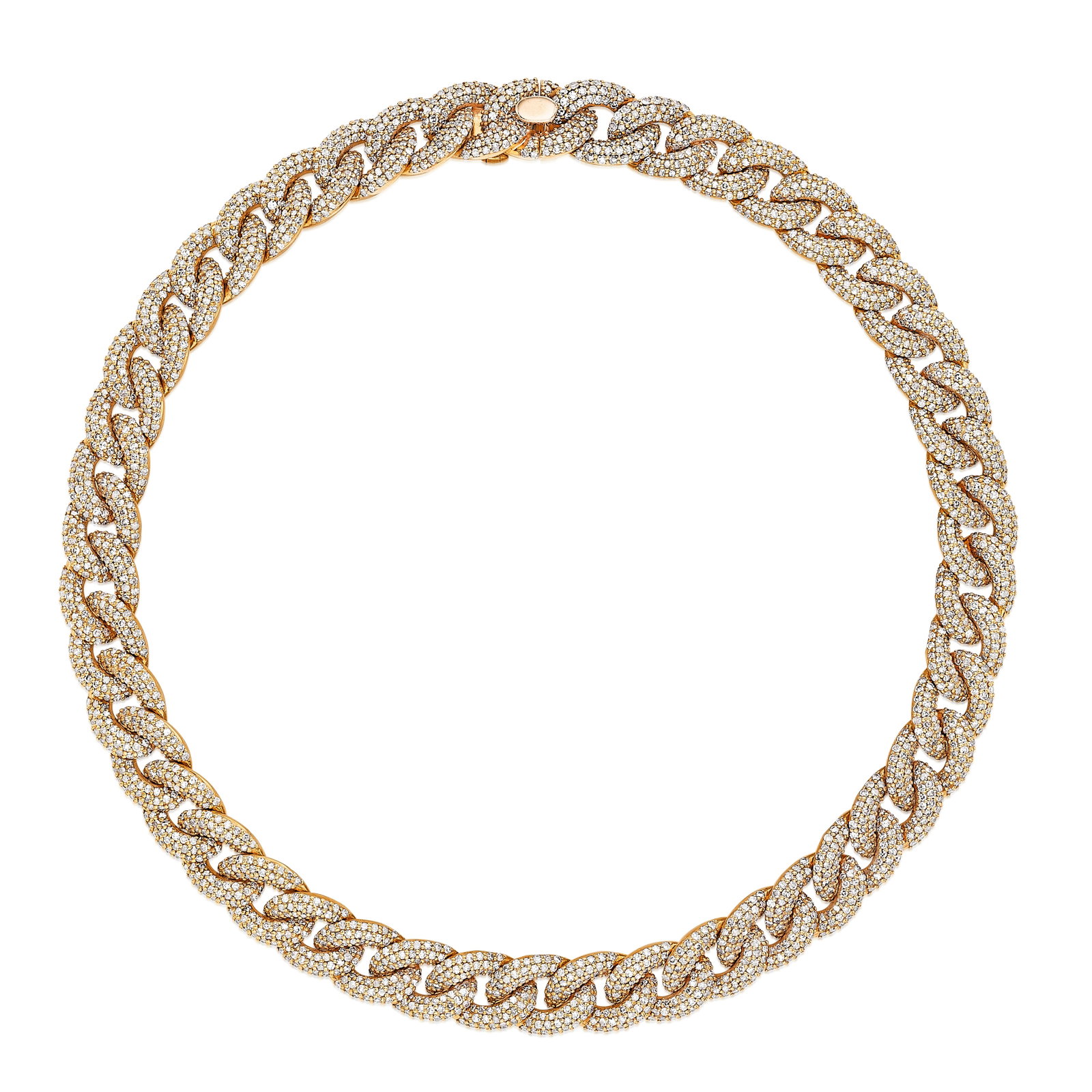 A COLORED DIAMOND NECKLACE: A COLORED DIAMOND NECKLACE Designed as a curb-link necklace set throughout with round brilliant-cut diamonds with pink tint; estimated total diamond weight 8.80 carats; mounted in 18K pink gold;