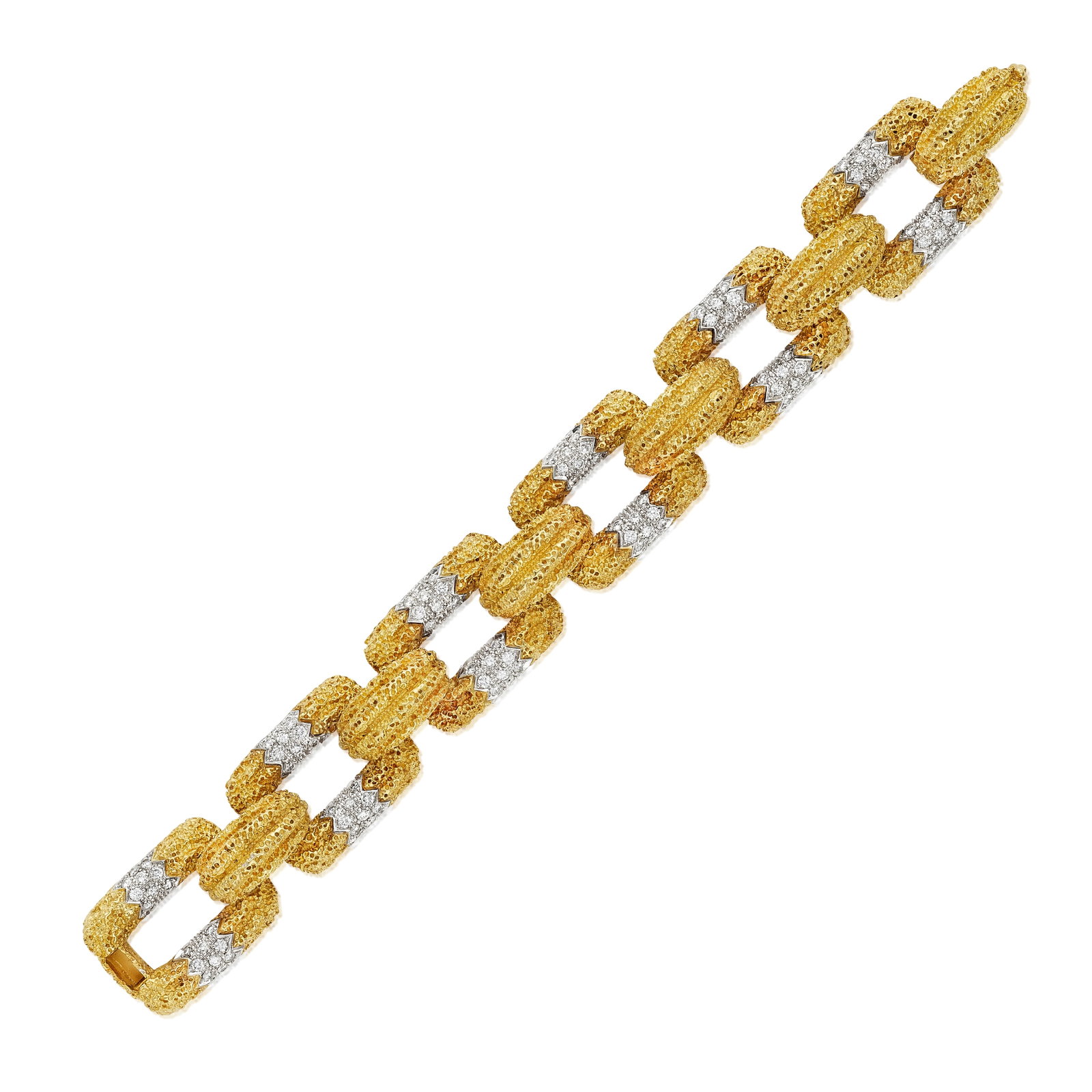 A DIAMOND BRACELET: A DIAMOND BRACELET Composed of repeating geometric links of textured gold, with round brilliant-cut diamond accents; estimated total diamond weight 3.95 carats; mounted in 18K gold; gross approximate
