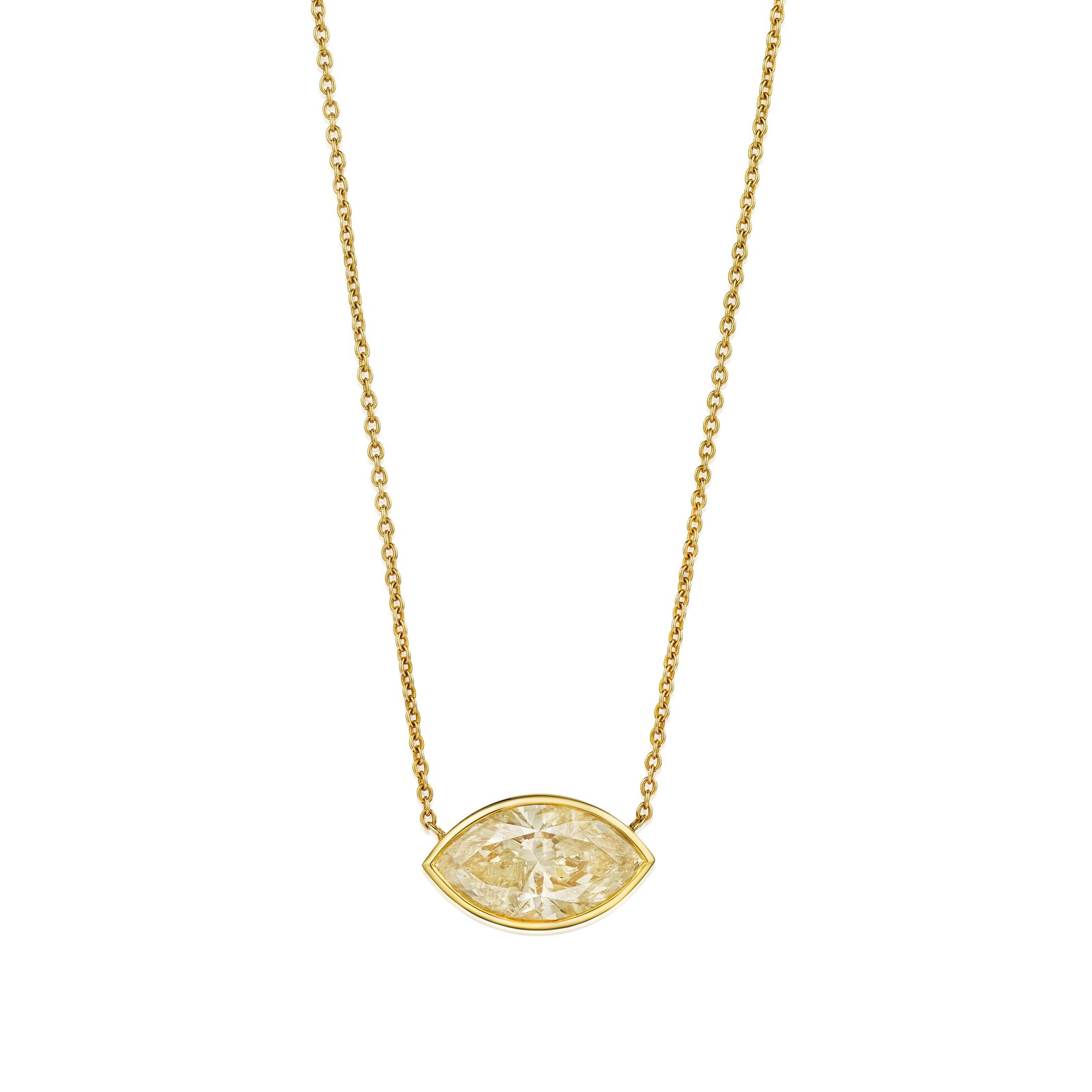 A DIAMOND NECKLACE: A DIAMOND NECKLACE Centering a bezel-set marquise-shaped diamond, weighing approximately 5.15 carats; mounted in 18K gold; length 18½ in For further information on this lot please visit