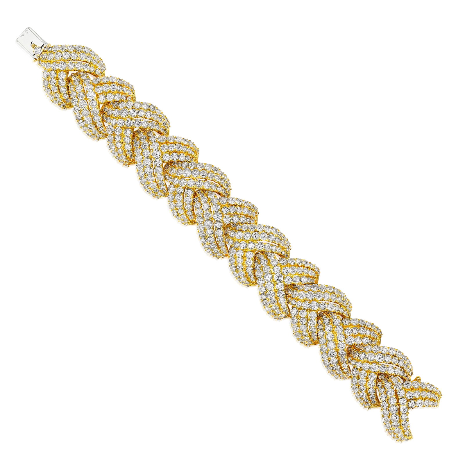 HARRY WINSTON: A DIAMOND BRACELET, CIRCA 1972: HARRY WINSTON: A DIAMOND BRACELET, CIRCA 1972 Of braided design, set throughout with round brilliant-cut diamonds, weighing 36.32 carats total; no. 7775, 01D338 and 01-D-222; with maker's mark for