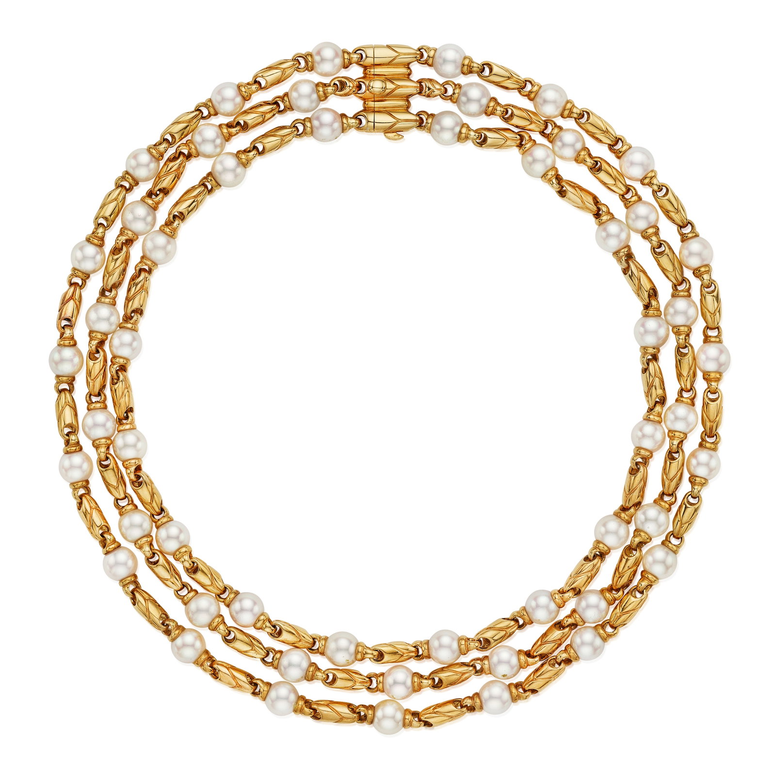 BULGARI: A CULTURED PEARL 'PASSO DOPPIO' NECKLACE, ITALY: BULGARI: A CULTURED PEARL 'PASSO DOPPIO' NECKLACE, ITALY Comprising three rows of fancy link necklaces accented by cultured pearls, measuring approximately 7.5 mm; signed BULGARI; mounted in 18K