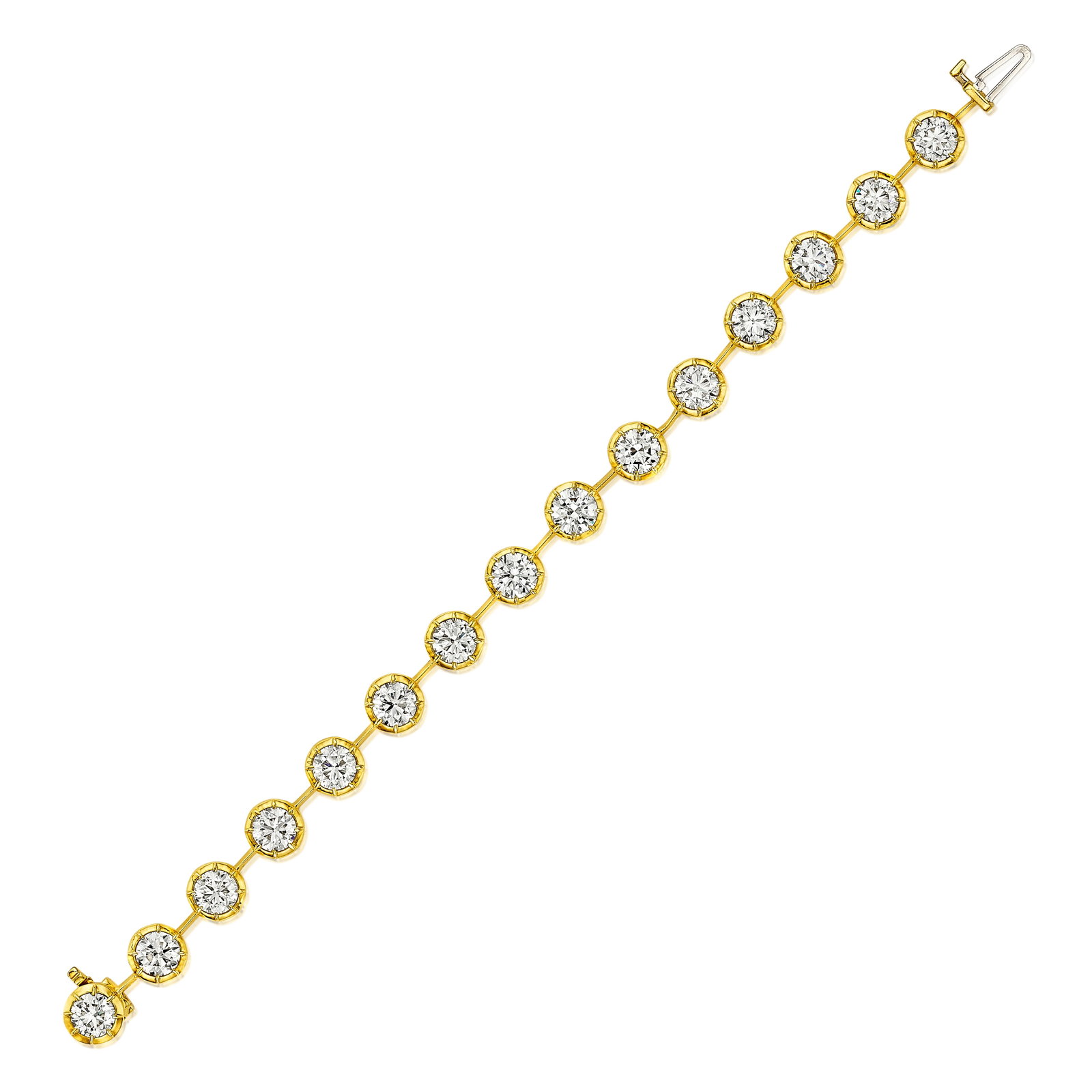 A DIAMOND BRACELET: A DIAMOND BRACELET Designed as a row of collette-set round brilliant-cut diamonds, weighing 13.51 carats total; mounted in 18K gold; length 7 in Footnotes: Accompanied by fifteen GIA reports stating
