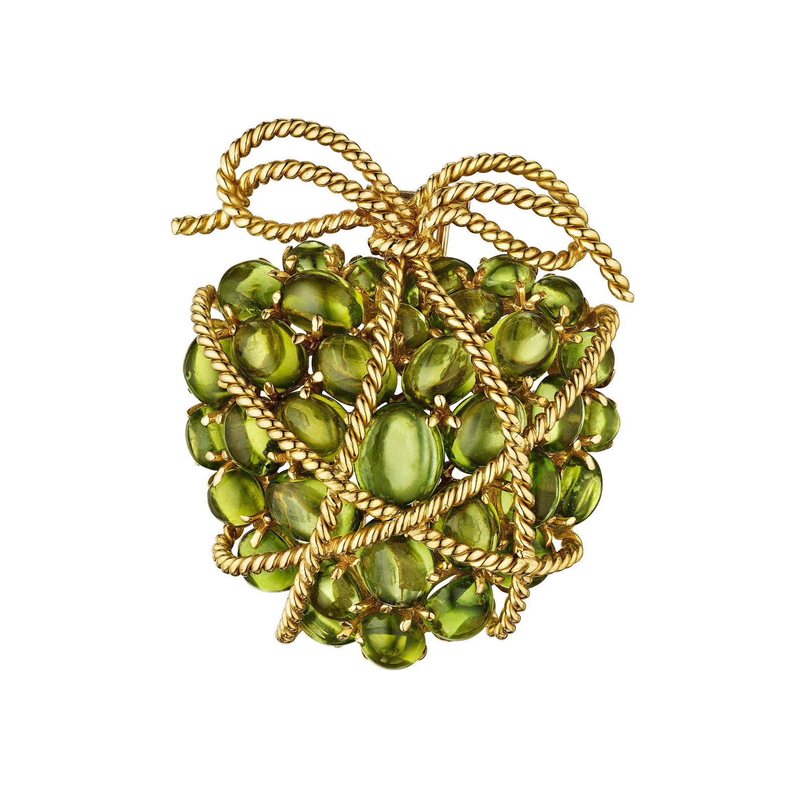 VERDURA: A PERIDOT 'WRAPPED HEART' BROOCH: VERDURA: A PERIDOT 'WRAPPED HEART' BROOCH Designed as a heart set with oval-shaped cabochon peridots, enhanced by a gold twisted rope wrap; signed Verdura; mounted in 18K gold; length 1⅞ in For