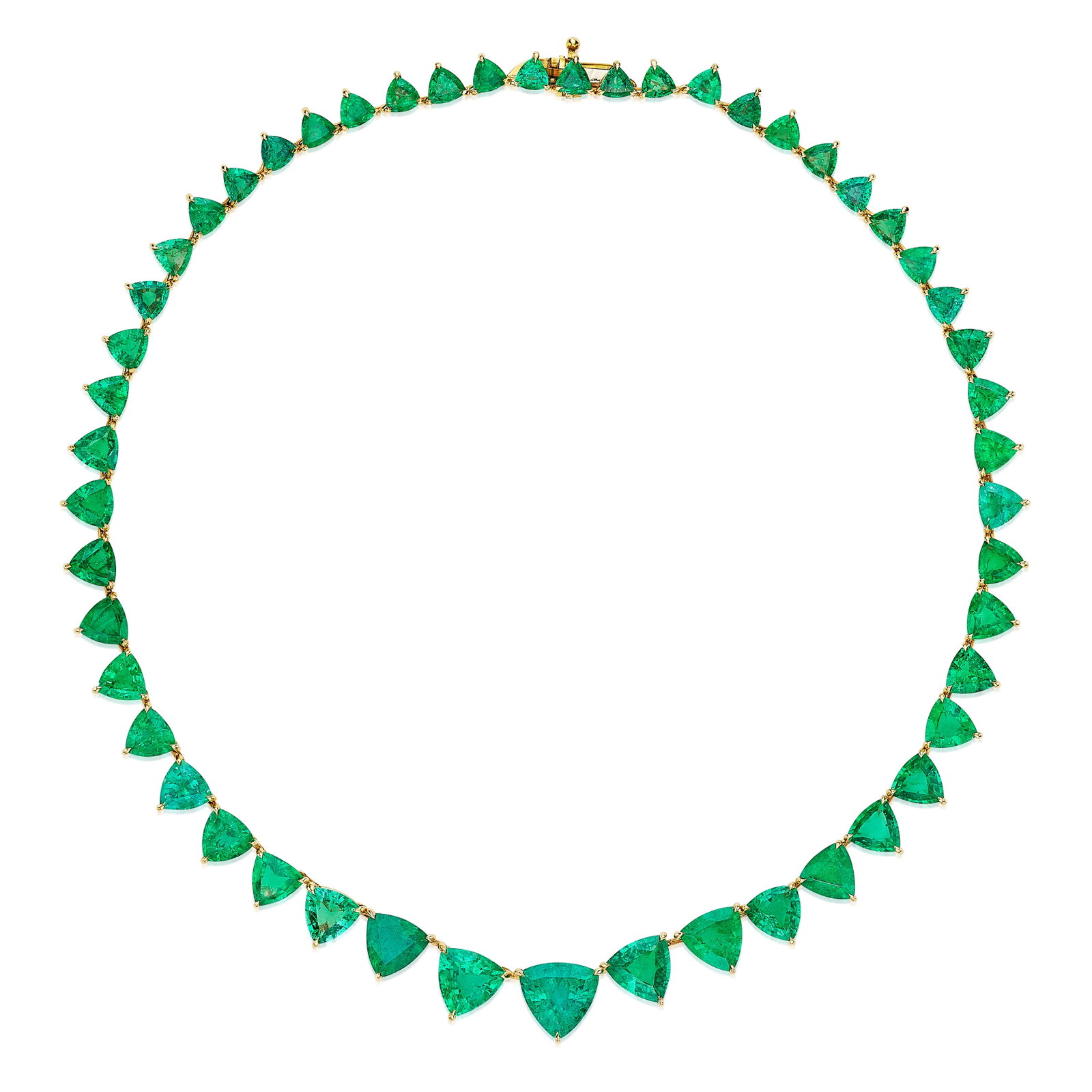 AN EMERALD NECKLACE: AN EMERALD NECKLACE Composed of graduated trilliant-cut emeralds; estimated total weight 35.00 carats; mounted in 20K gold; length 15 in Footnotes: Accompanied by GIA report stating that three