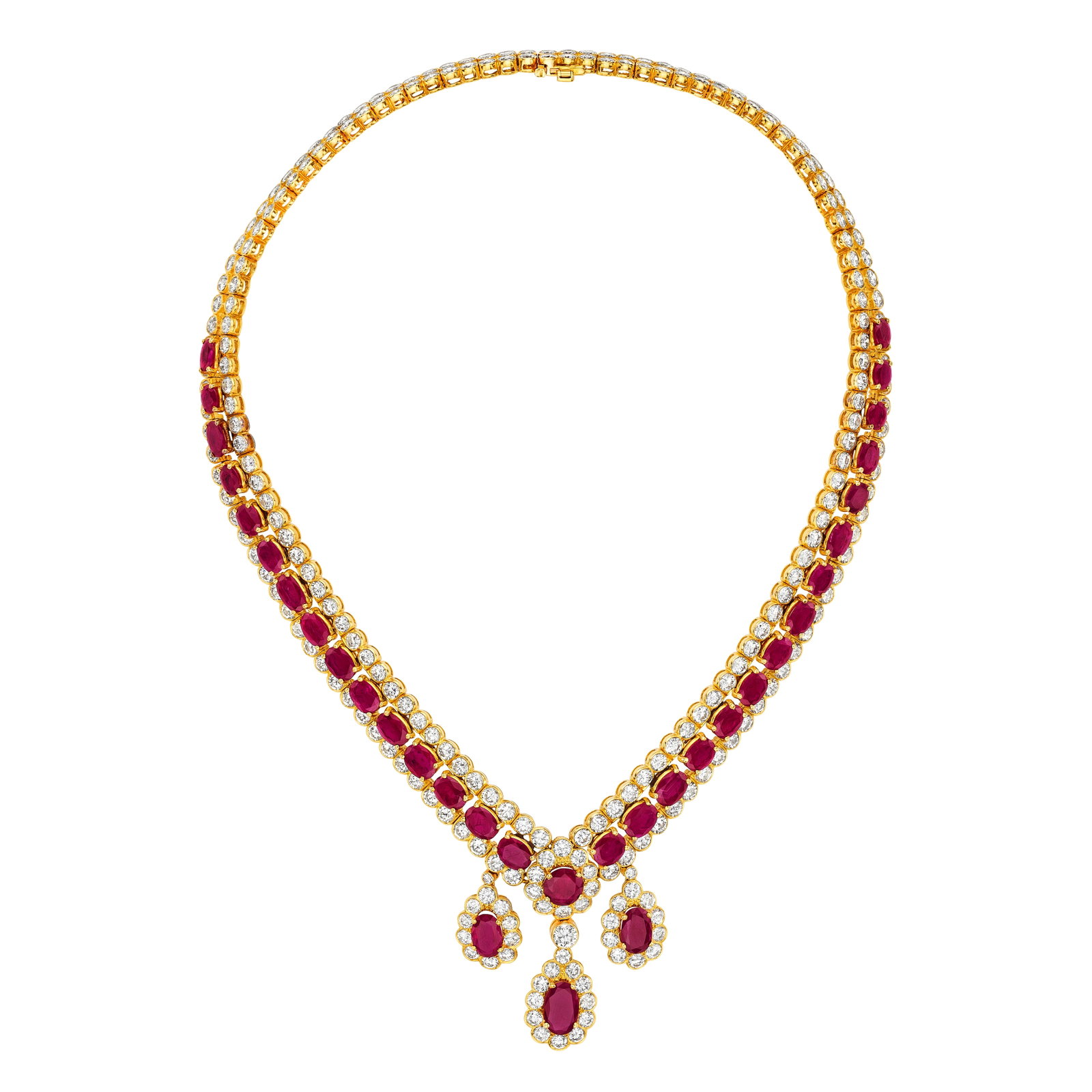 A RUBY AND DIAMOND NECKLACE: A RUBY AND DIAMOND NECKLACE Of collar design centering a girandole pendant, set throughout with round and oval-shaped rubies and round brilliant-cut diamonds; estimated total ruby weight 27.50 carats;