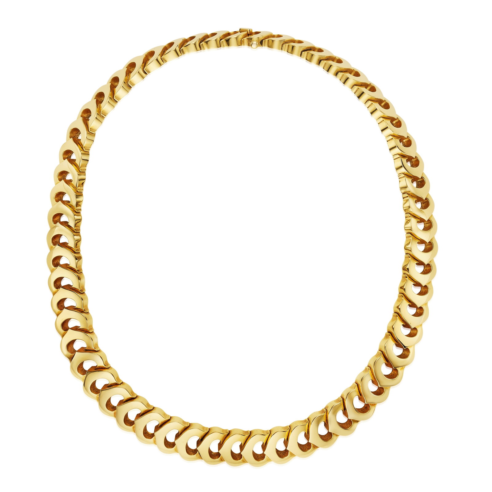 CARTIER: AN 18K GOLD NECKLACE: CARTIER: AN 18K GOLD NECKLACE Composed of repeating geometric 'C' links; signed Cartier, no.816271; mounted in 18K gold; gross approximate weight 129.0 g; length 15¼ in; accompanied by signed
