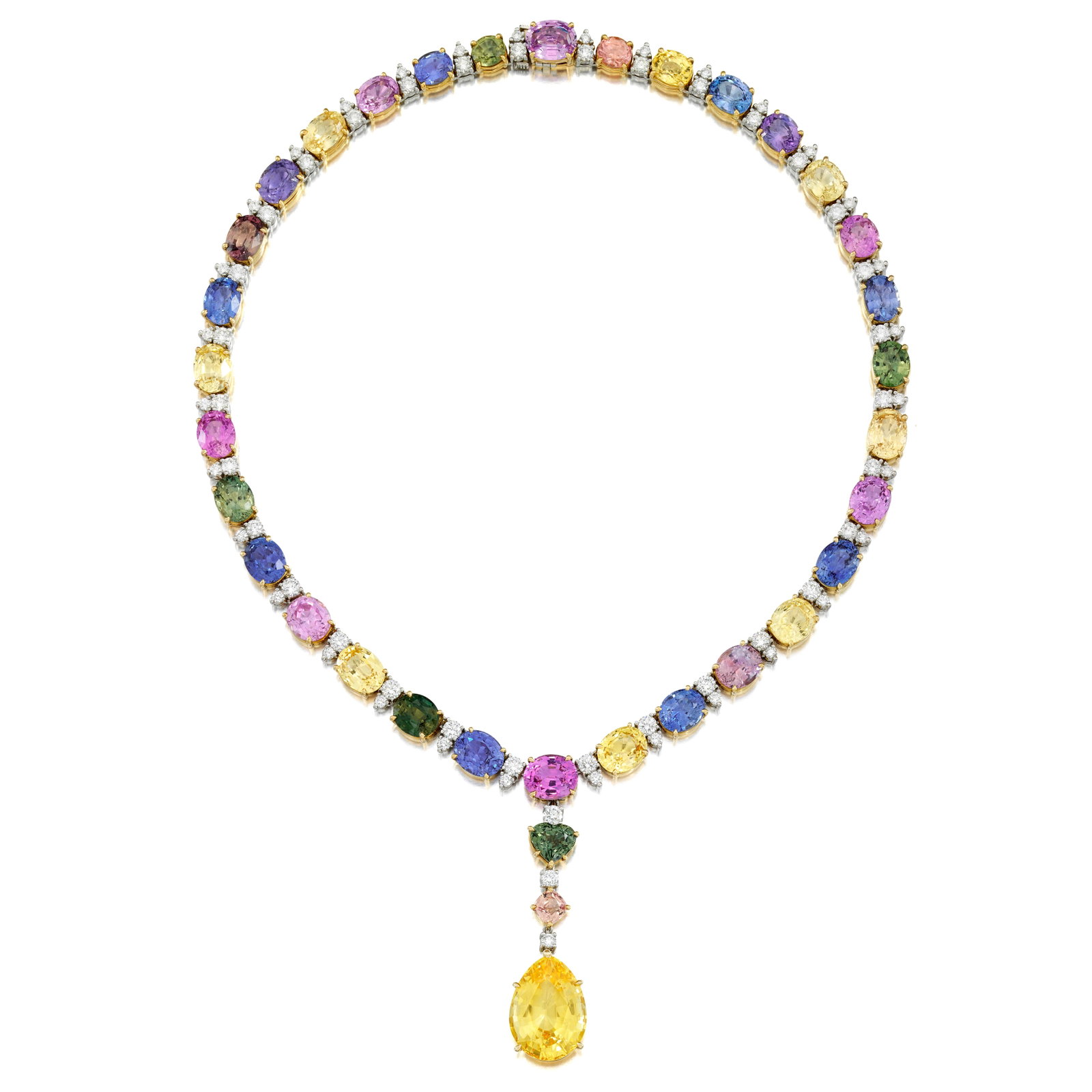 BULGARI: A MULTICOLORED SAPPHIRE AND DIAMOND NECKLACE: BULGARI: A MULTICOLORED SAPPHIRE AND DIAMOND NECKLACE Composed of oval-shaped multicolored sapphires interspersed with duos of round brilliant-cut diamonds, suspending a similarly designed detachable