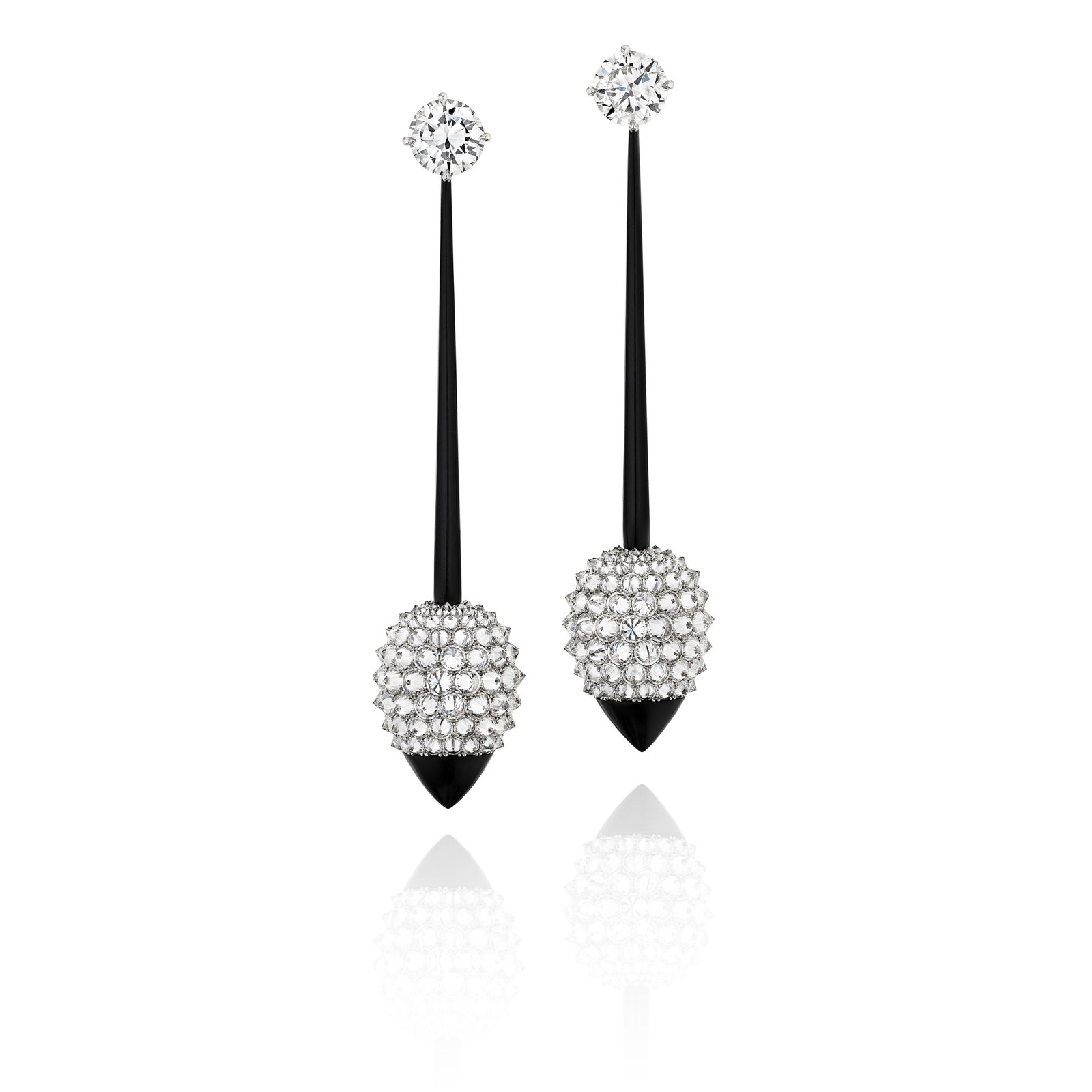 TAFFIN: A PAIR OF DIAMOND AND CERAMIC EARRINGS: TAFFIN: A PAIR OF DIAMOND AND CERAMIC EARRINGS Each centering a pendant set throughout with pavé-set inverted round brilliant-cut diamonds, set in a black ceramic frame, and suspended from a