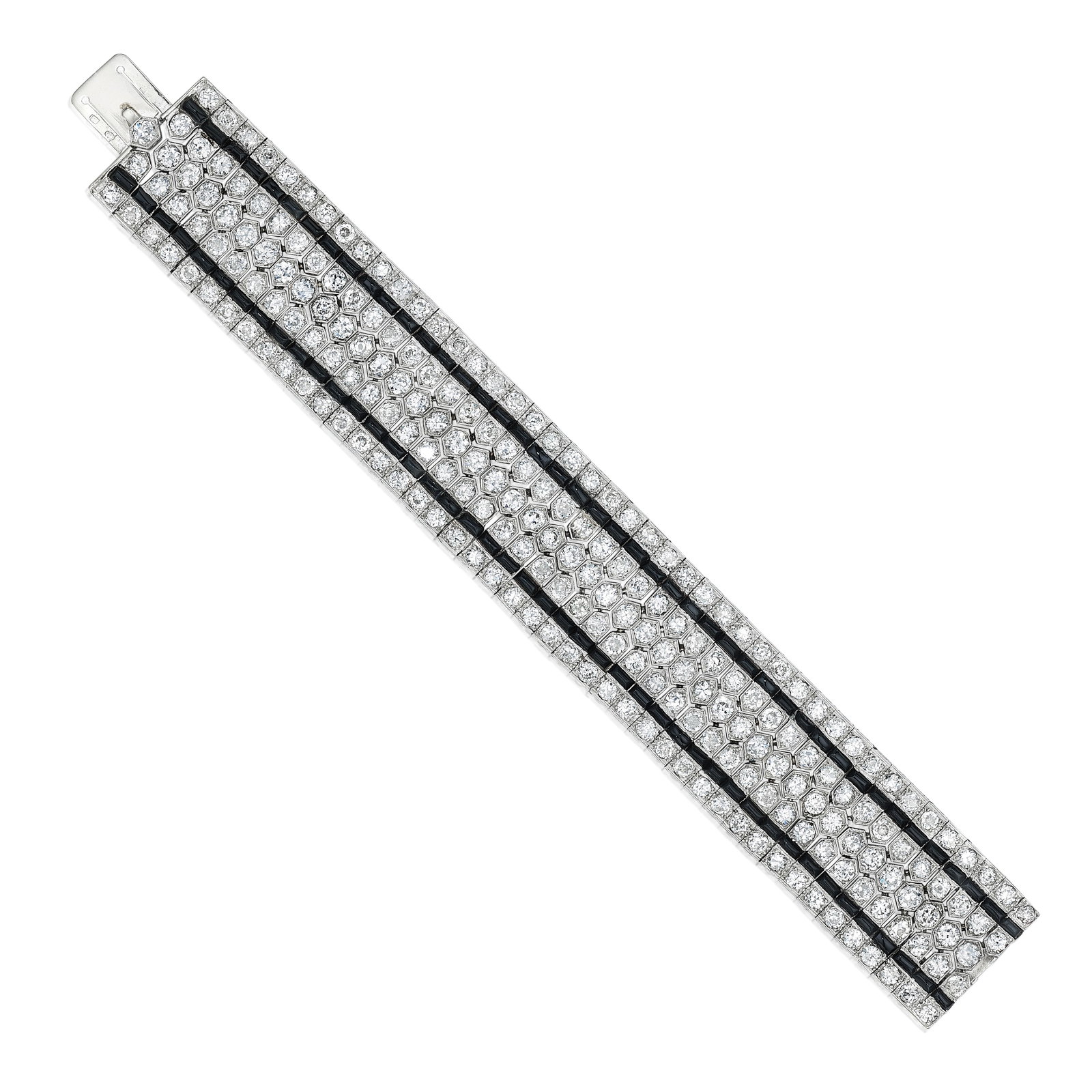 AN ART DECO ONYX AND DIAMOND BRACELET, FRANCE, CIRCA 1930: AN ART DECO ONYX AND DIAMOND BRACELET, FRANCE, CIRCA 1930 Composed of five rows of old European and circular-cut diamonds, enhanced by two lines of carved onyx; with French assay mark; estimated