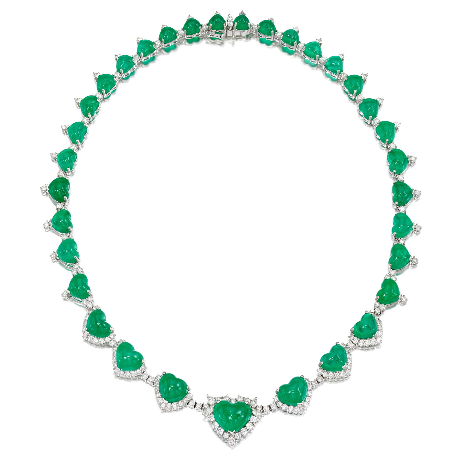 AN EMERALD AND DIAMOND NECKLACE: AN EMERALD AND DIAMOND NECKLACE Composed of graduated heart-shaped cabochon emeralds, accented by round brilliant-cut and marquise-shaped diamonds; estimated center emerald weight 8.00 carats;