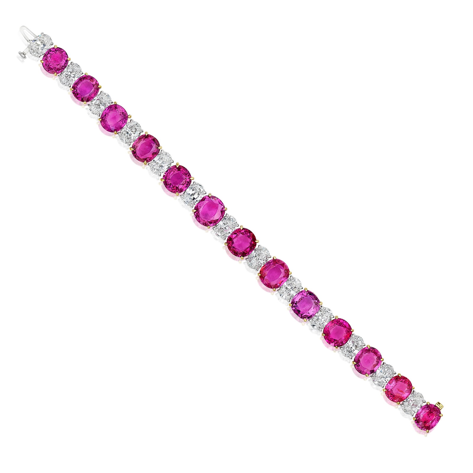 A PINK SAPPHIRE AND DIAMOND BRACELET: A PINK SAPPHIRE AND DIAMOND BRACELET Composed of alternating oval-shaped pink sapphires and oval-shaped diamonds; estimated total pink sapphire weight 31.60 carats; estimated total diamond weight 13.6