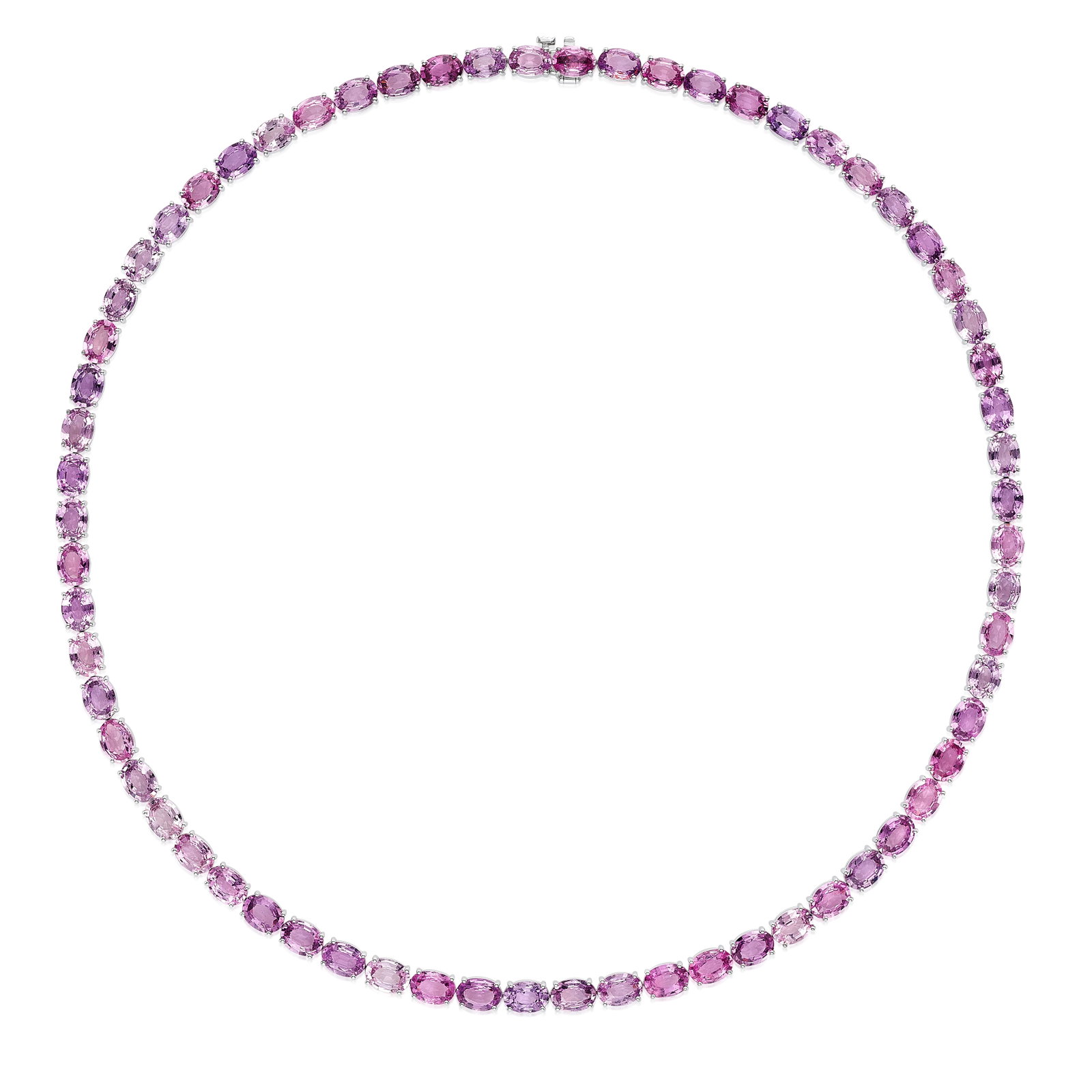 A PINK SAPPHIRE NECKLACE: A PINK SAPPHIRE NECKLACE Designed as a row of oval-shaped pink sapphires; estimated total pink sapphire weight 50.00 - 55.00 carats; mounted in 18K white gold; length 18¼ in Footnotes: Accompanie