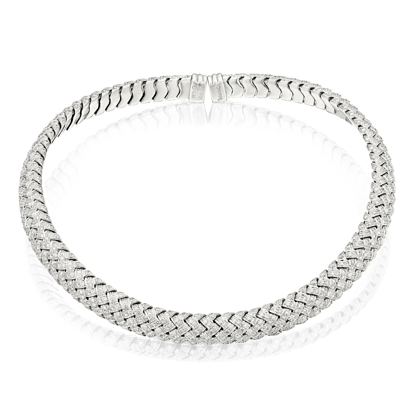 TIFFANY & CO.: A DIAMOND 'VANNERIE' COLLAR NECKLACE: TIFFANY & CO.: A DIAMOND 'VANNERIE' COLLAR NECKLACE Designed as a woven link collar, set throughout with round brilliant-cut diamonds; signed TIFFANY & CO.; estimated total diamond weight 11.10